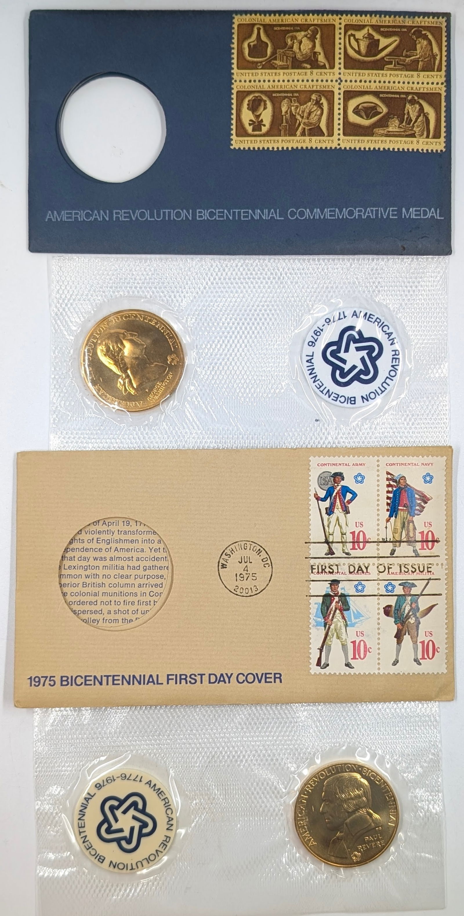 Lot of 2 American Revolution Bicentennial Commemorative Medals & Stamps - 1972, 1975 (1 of 2)