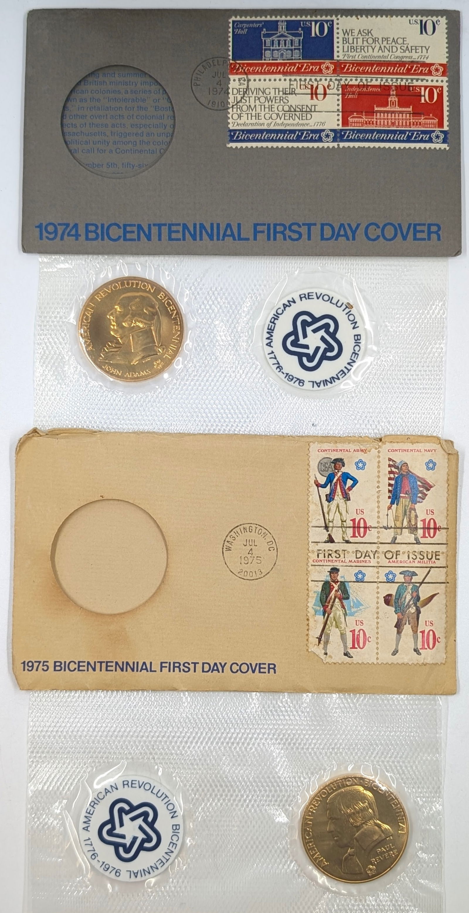 Lot of 2 American Revolution Bicentennial Commemorative Medals & Stamps - 1974, 1975 (1 of 2)