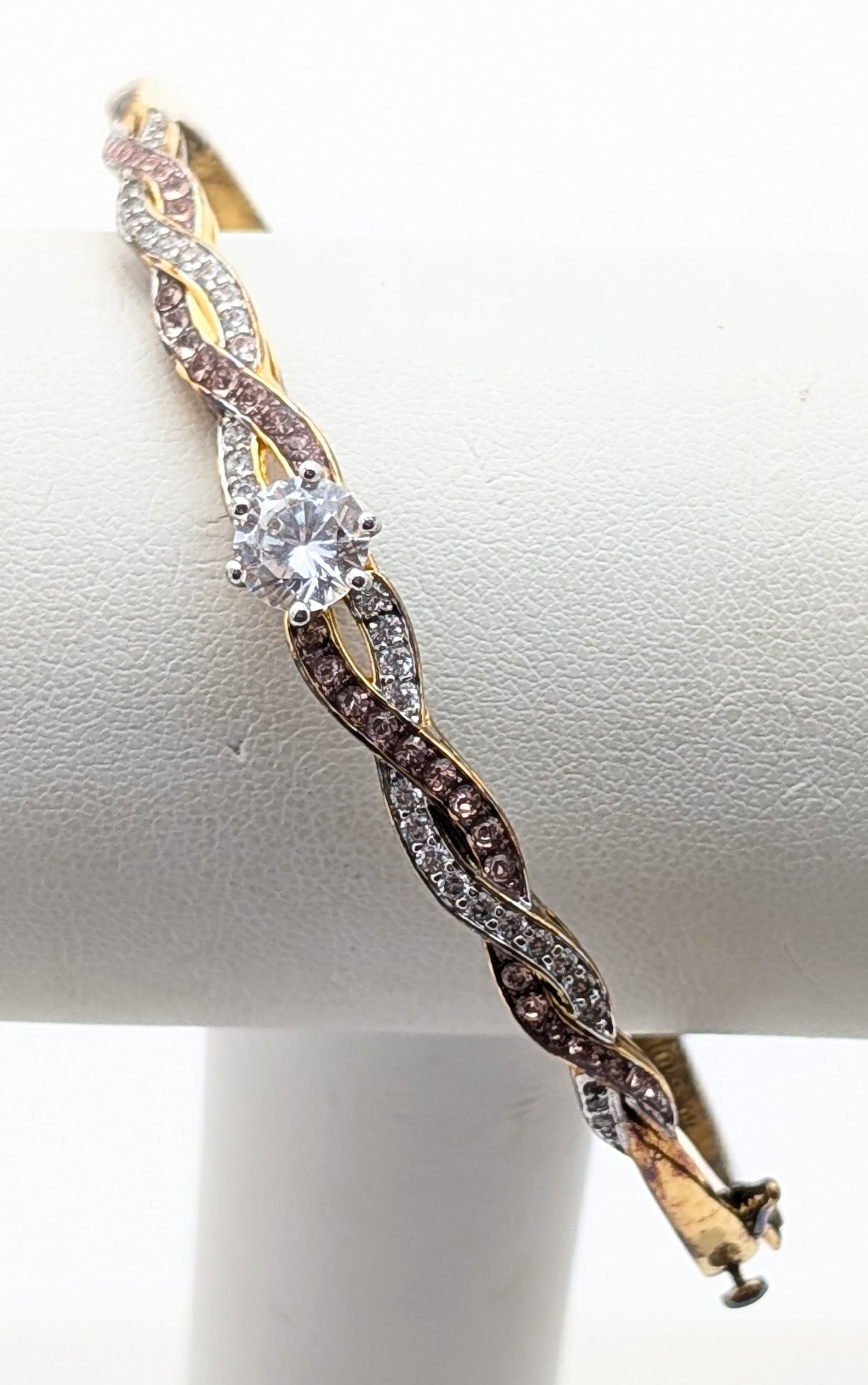 Sterling Silver Gold tone "Daughter" Pink & White Gem Bangle Bracelet: Engraved inside " My daughter, wherever life takes you I will always love you"