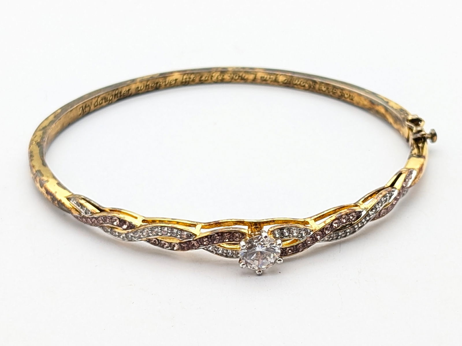 Sterling Silver Gold tone "Daughter" Pink & White Gem Bangle Bracelet - 2