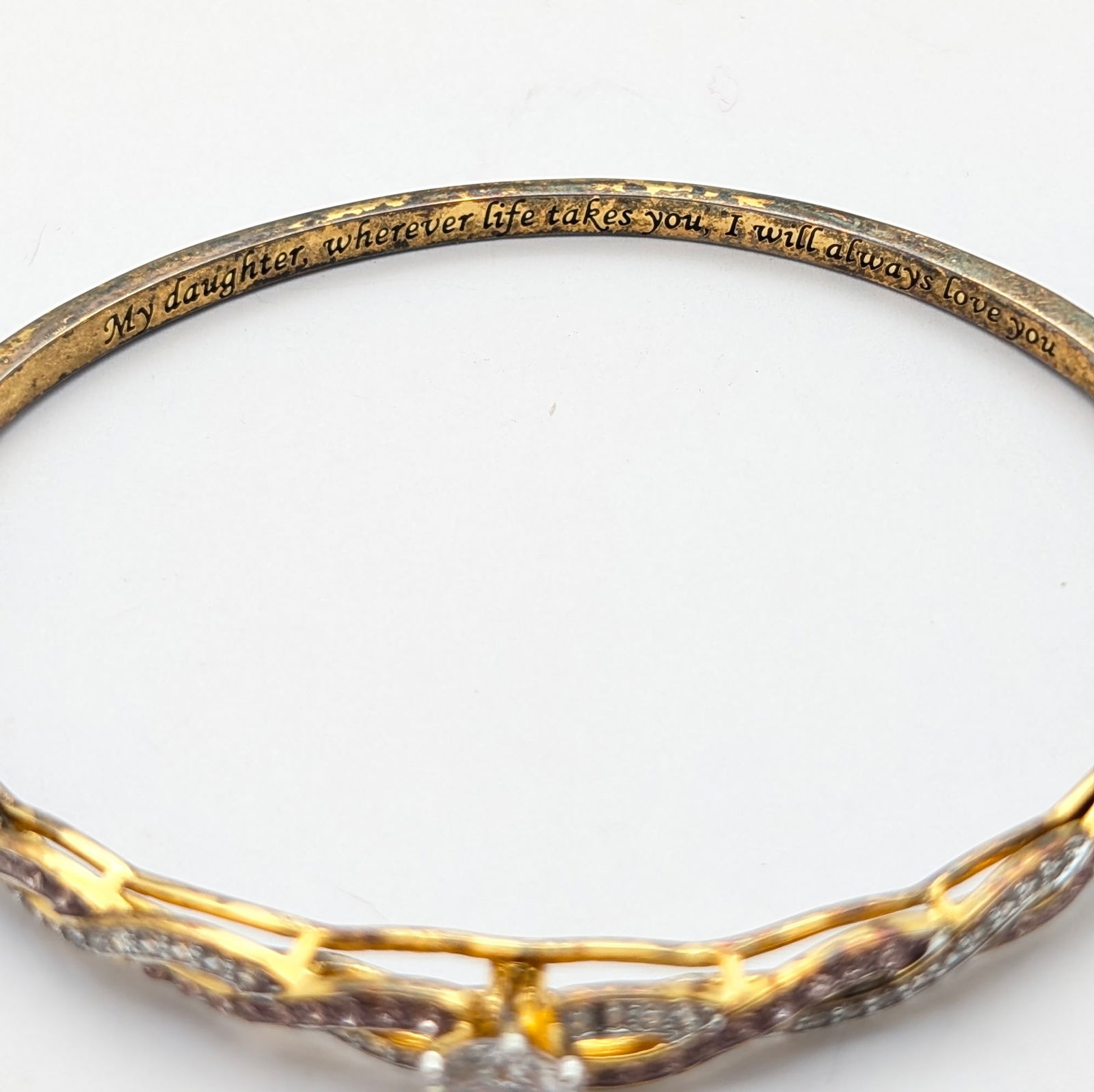 Sterling Silver Gold tone "Daughter" Pink & White Gem Bangle Bracelet - 3