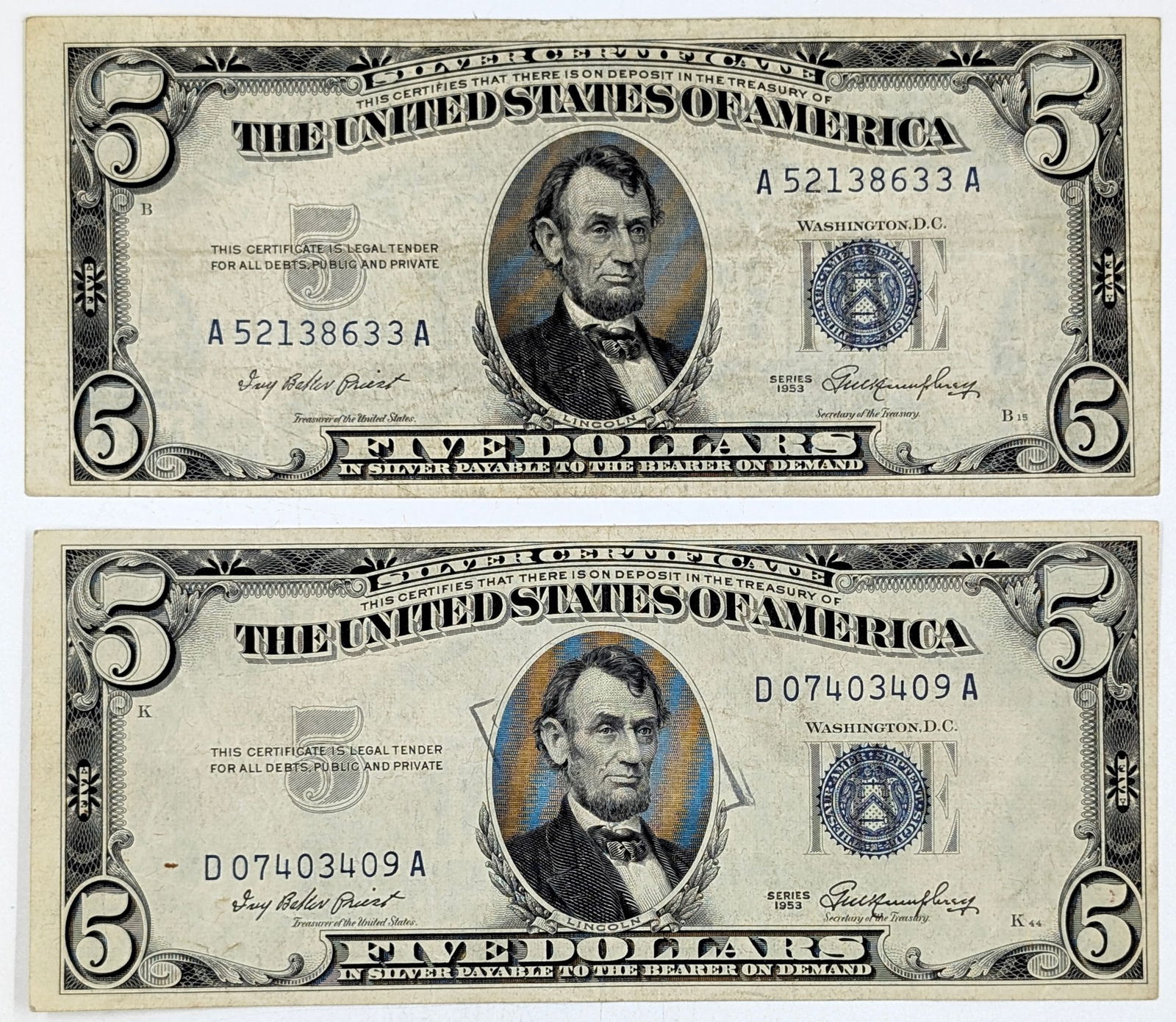Lot of 2 - 1953 $5 Notes - Silver Certificates (1 of 2)