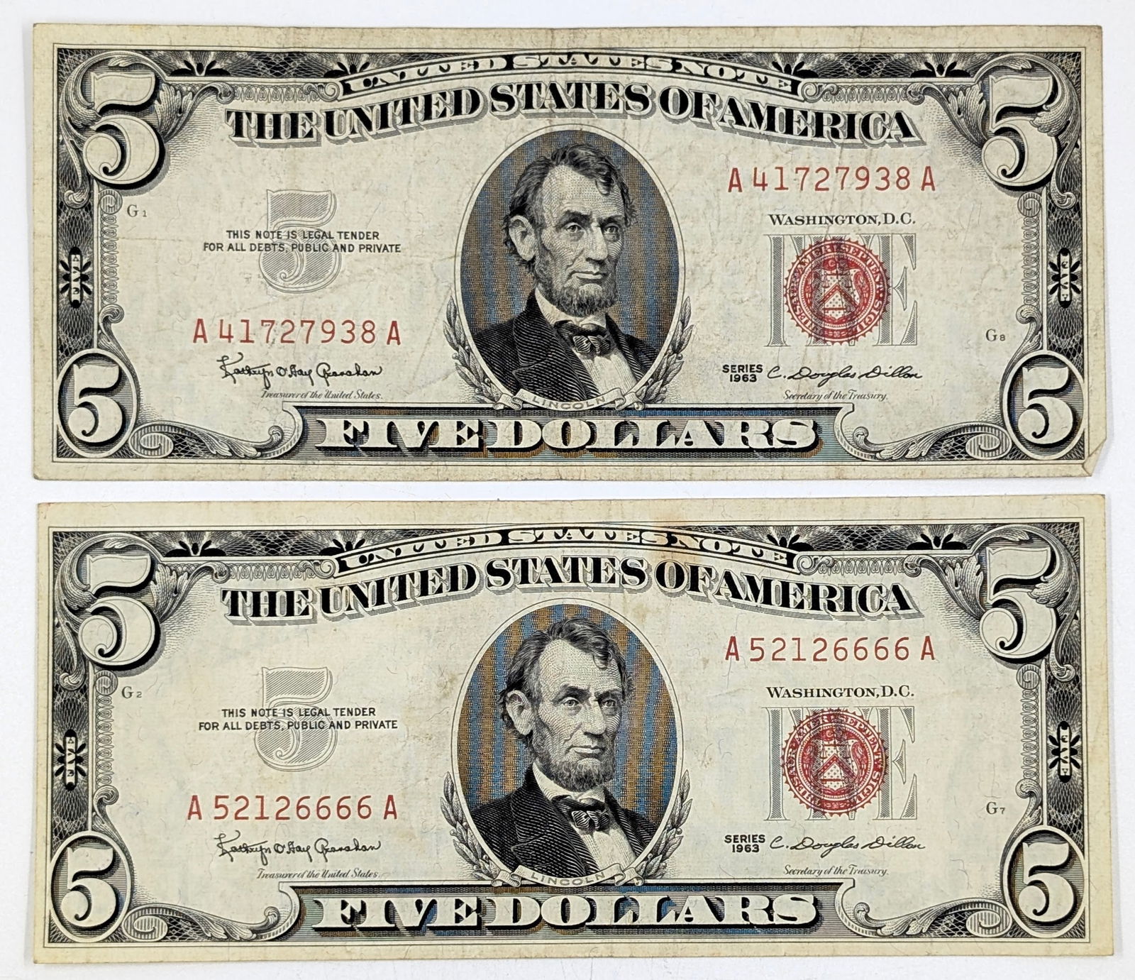 Lot of 2 - 1963 $5 Notes - Red Seals - Repeater "52126666" (1 of 2)