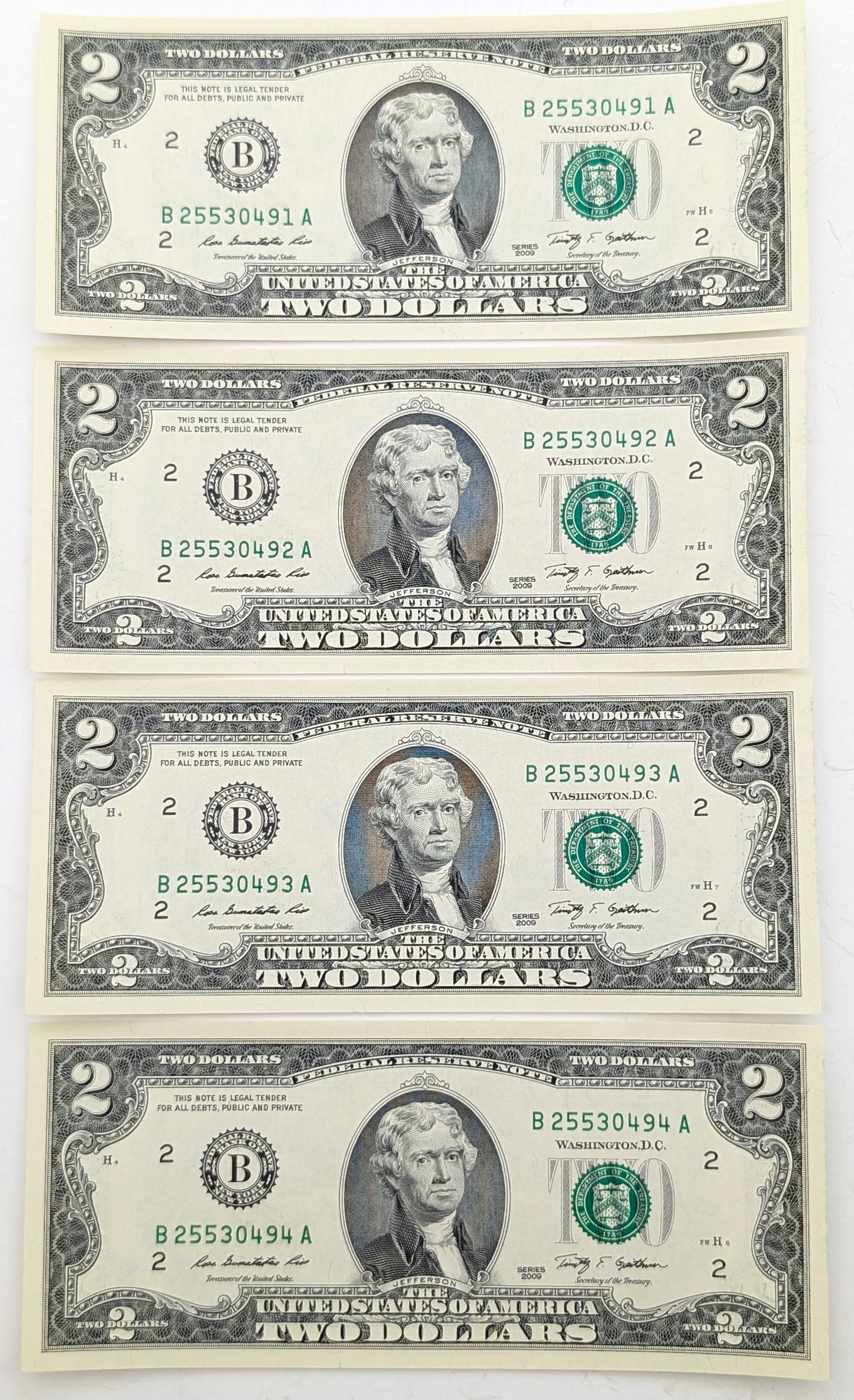 Lot of 4 Sequential Uncirculated $2 Notes - Green Seals (1 of 2)