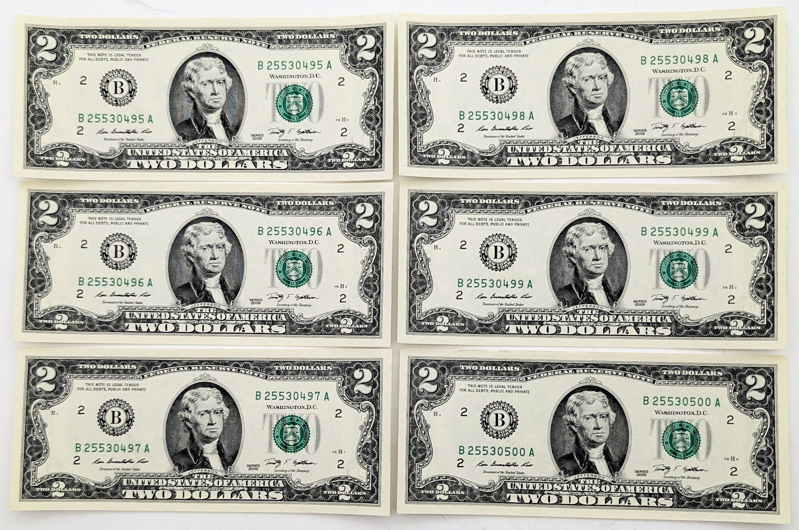 Lot of 6 Sequential Uncirculated $2 Notes - Green Seals (1 of 2)