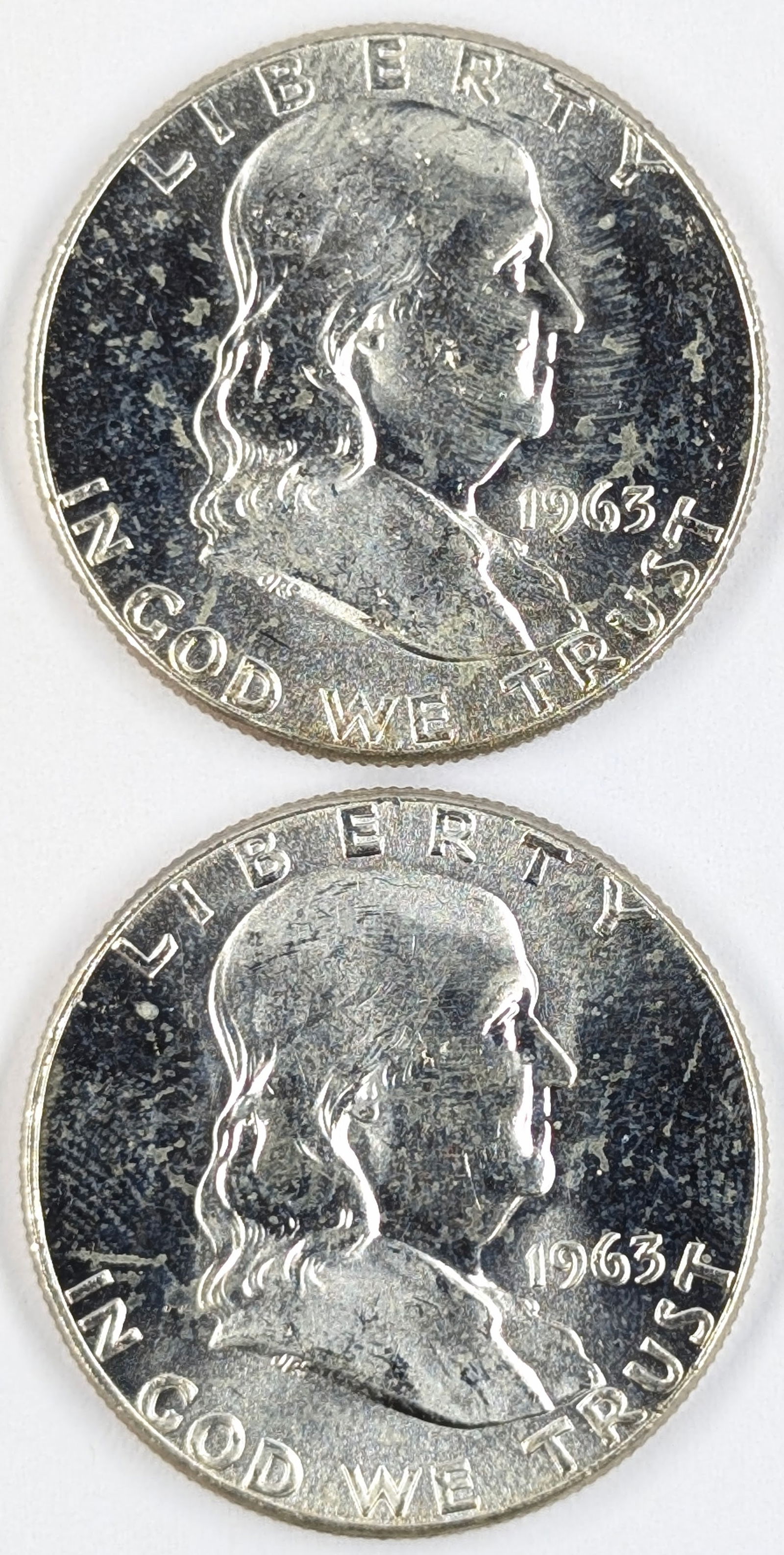 Lot of 2 Silver Franklin Half Dollars - Both 1963 AU (1 of 2)