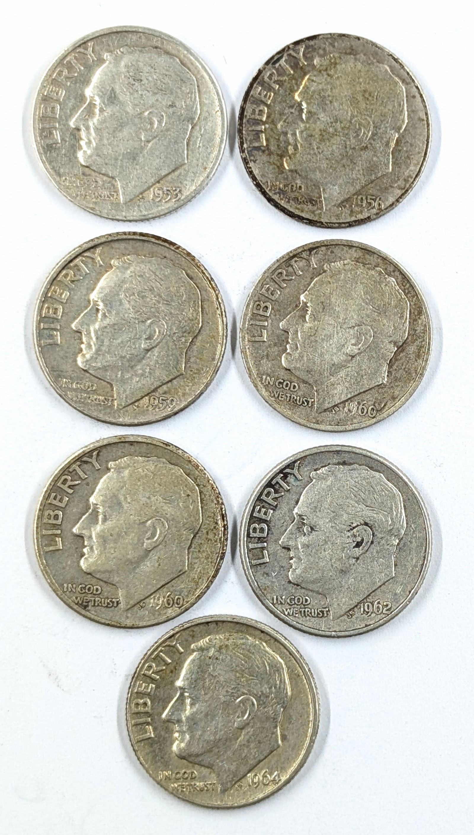 Lot of 7 Silver Roosevelt Dimes - 1953-1964 (1 of 2)