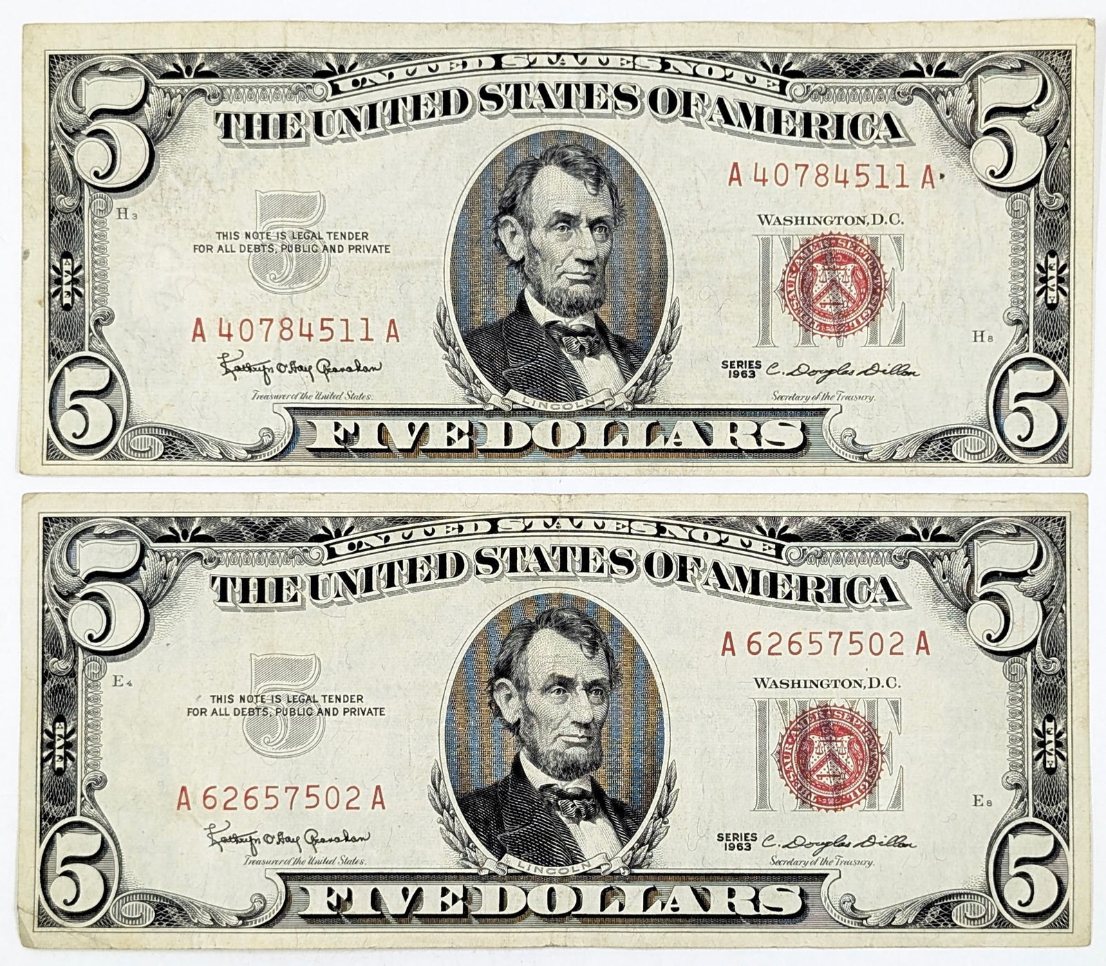 Lot of 2 - 1963 $5 Notes - Red Seals (1 of 2)