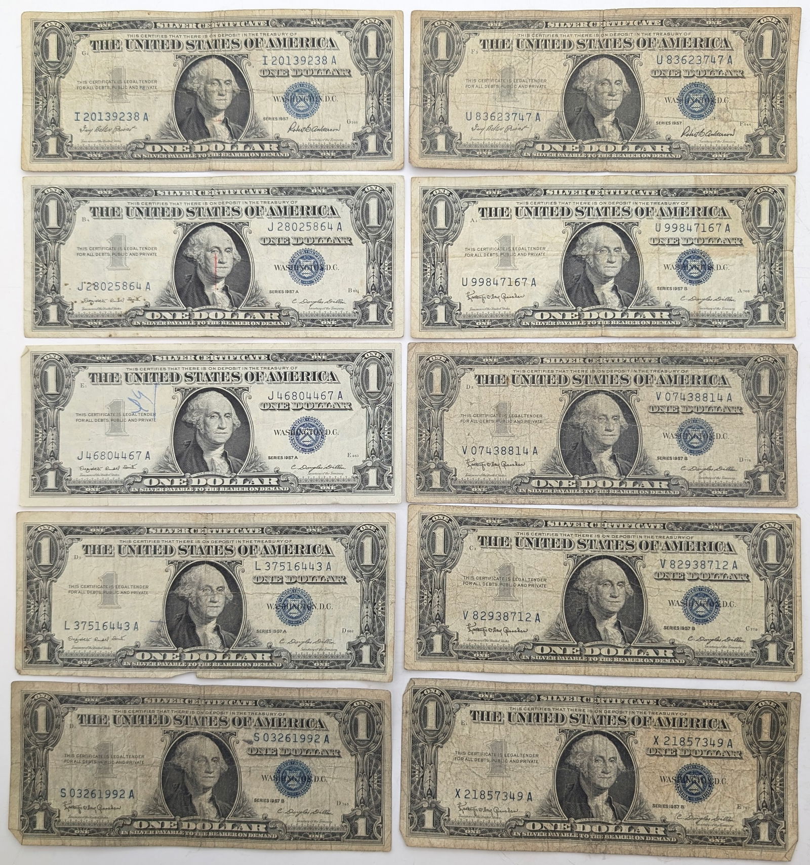 Lot of 10 - 1957 A/B $1 Notes - Silver Certificates (1 of 2)