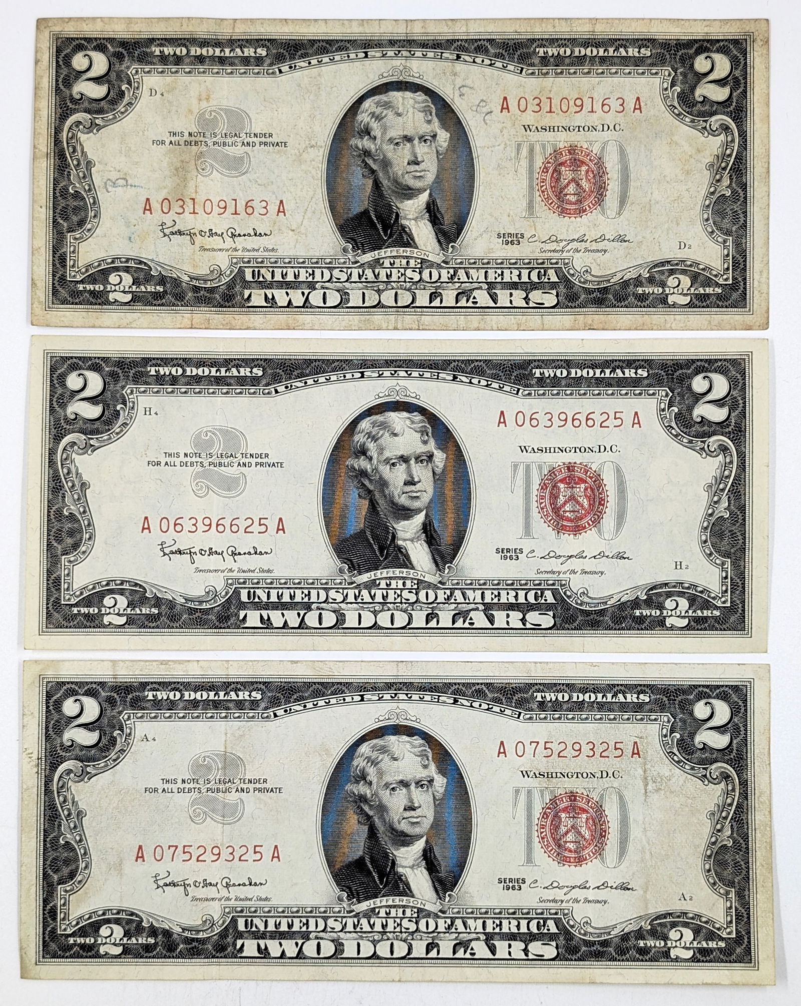 Lot of 3 - 1963 $2 Notes - Red Seals (1 of 2)