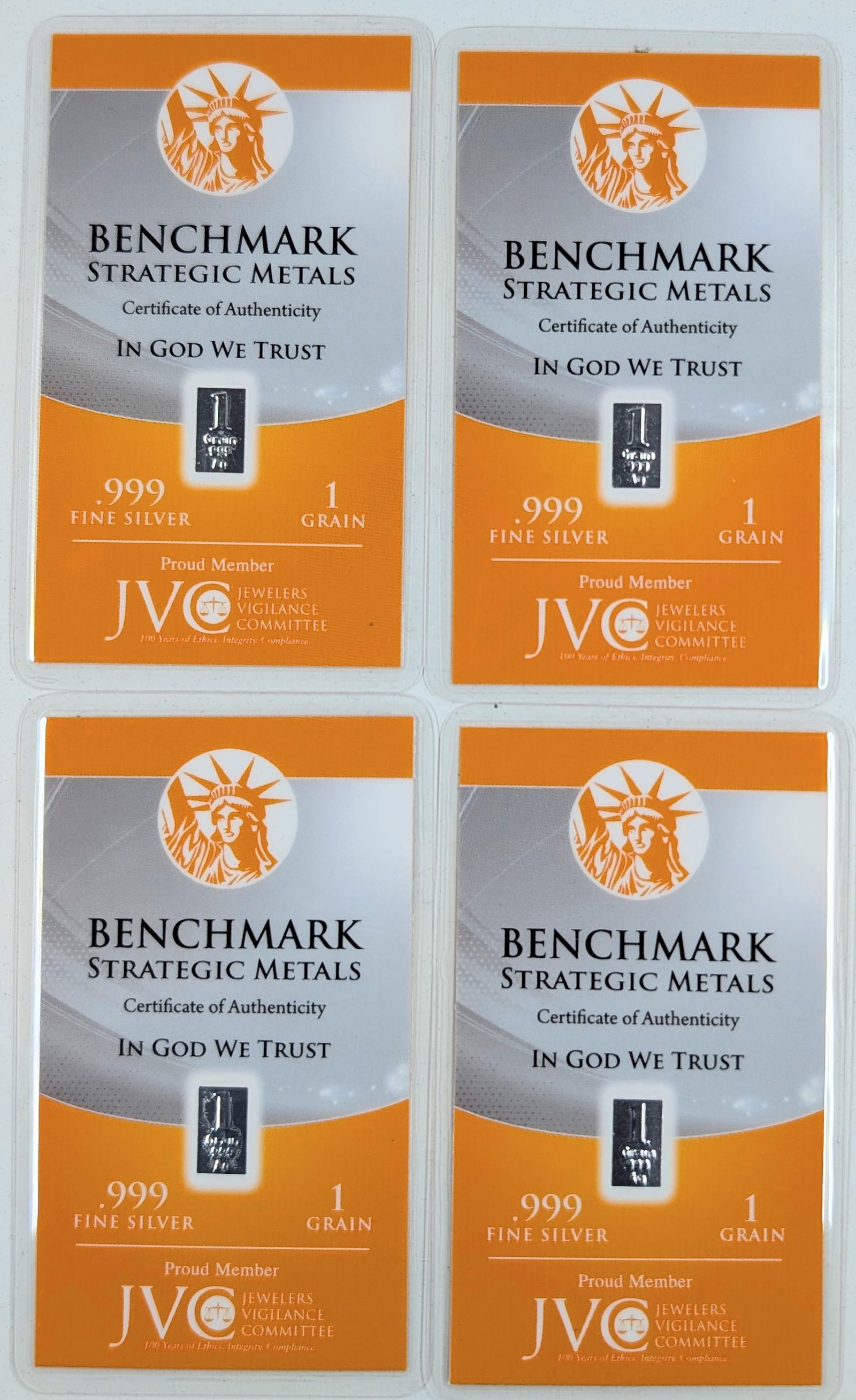 Lot of 4 - 1 Grain (each) .999 Silver Bars - Benchmark Strategic Metals (1 of 2)