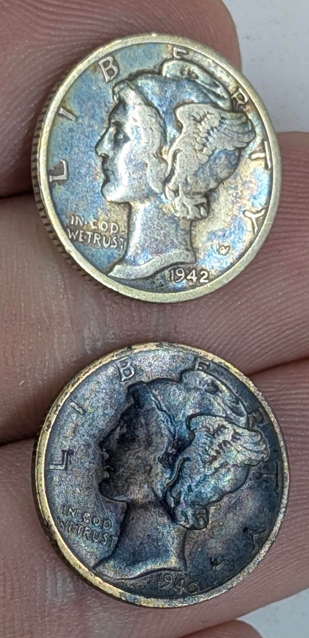 Lot of 2 Silver Mercury Dimes - 1940-D, 1942-S - Both Toned (1 of 2)