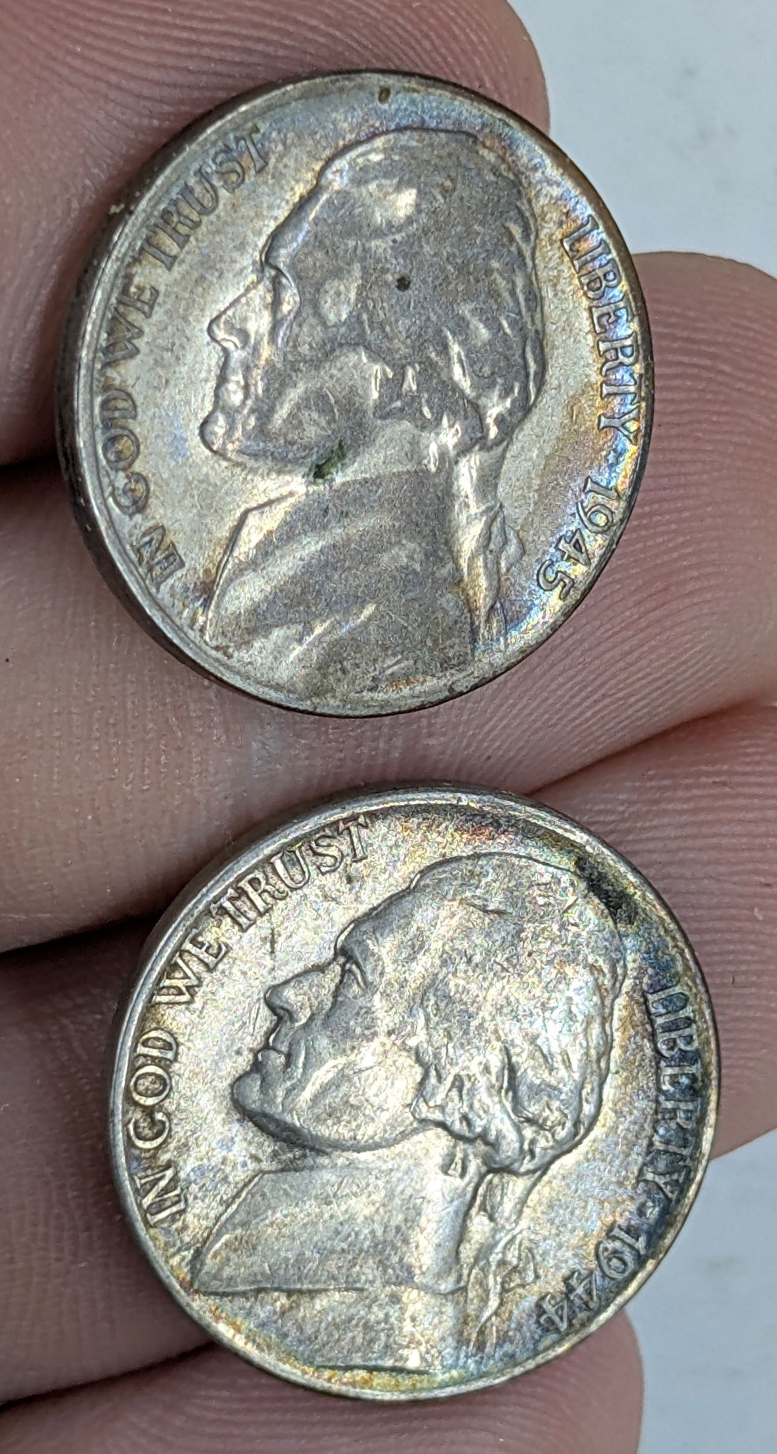 Lot of 2 Silver War Nickels - 1944-P, 1945-S - Both Toned (1 of 2)