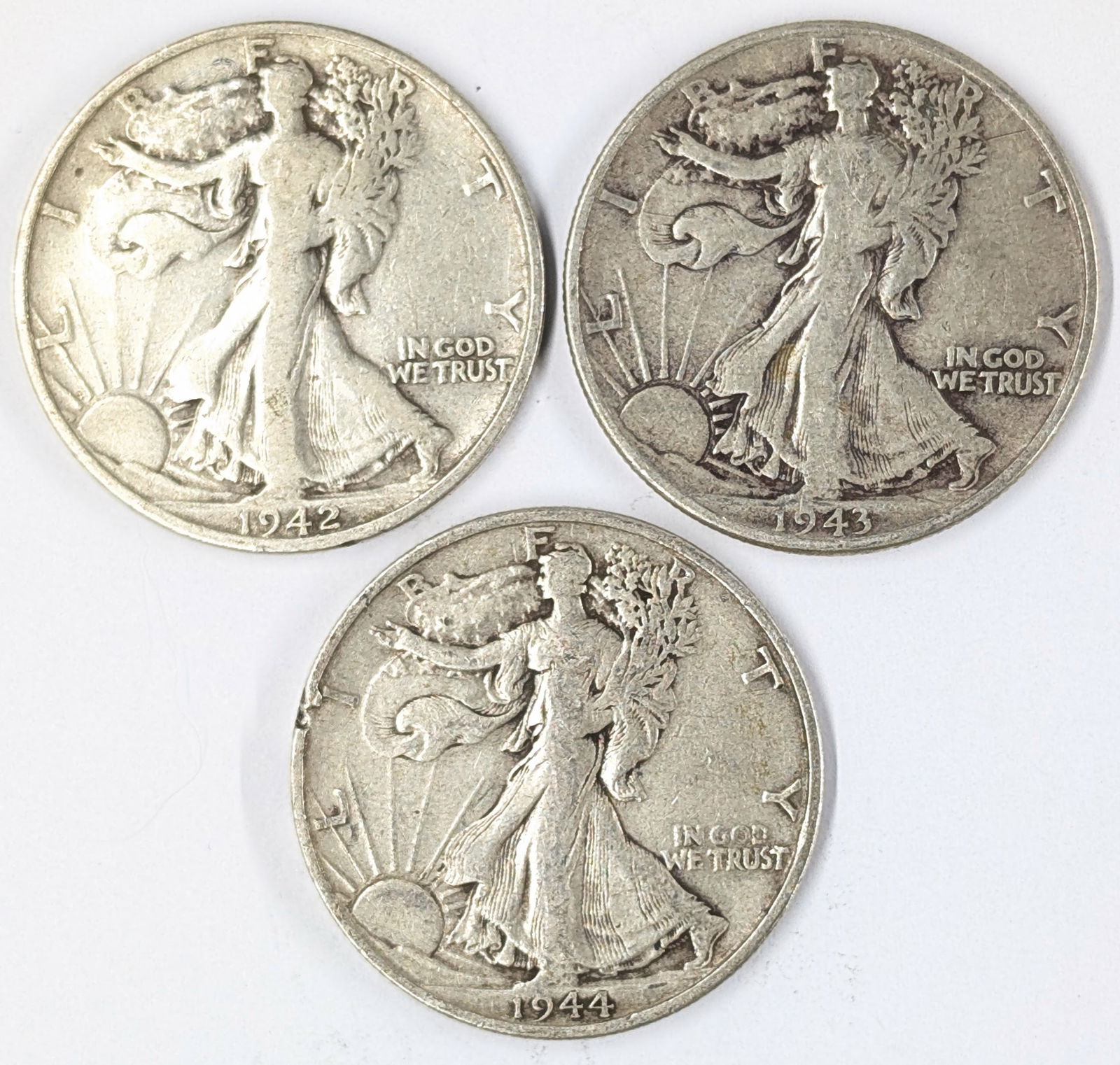 Lot of 3 Silver Walking Liberty Half Dollars - 1942-S, 1943, 1944-S (1 of 2)