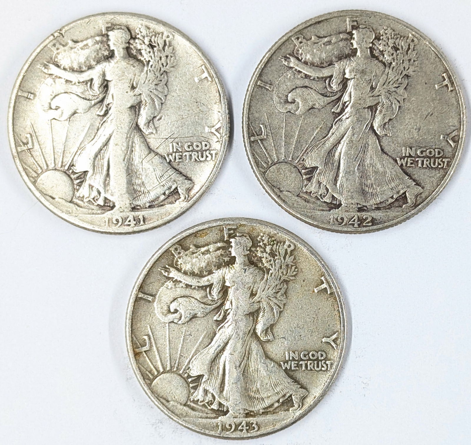 Lot of 3 Silver Walking Liberty Half Dollars - 1941, 1942, 1943 (1 of 2)
