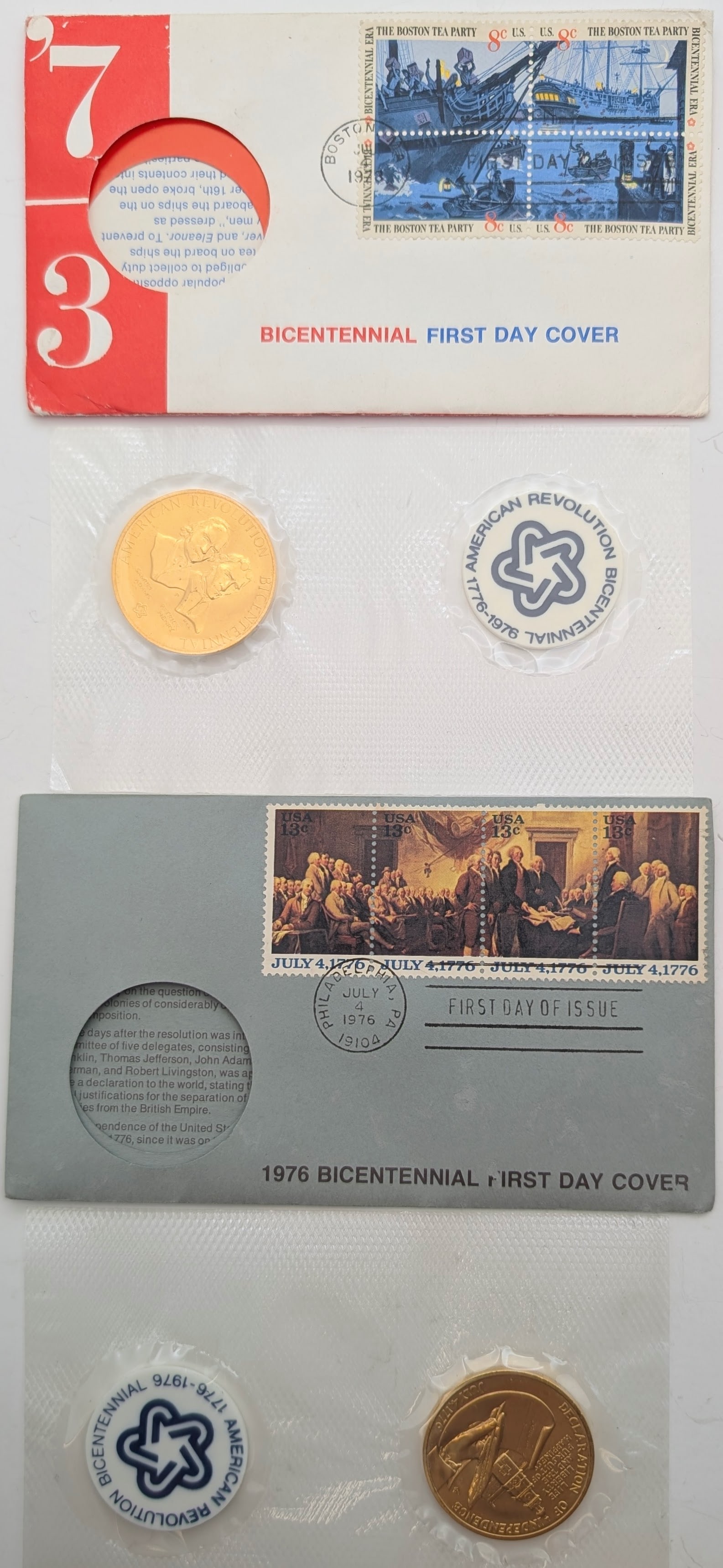 Lot of 2 American Revolution Bicentennial Commemorative Medals & Stamps - 1973, 1976 - 2