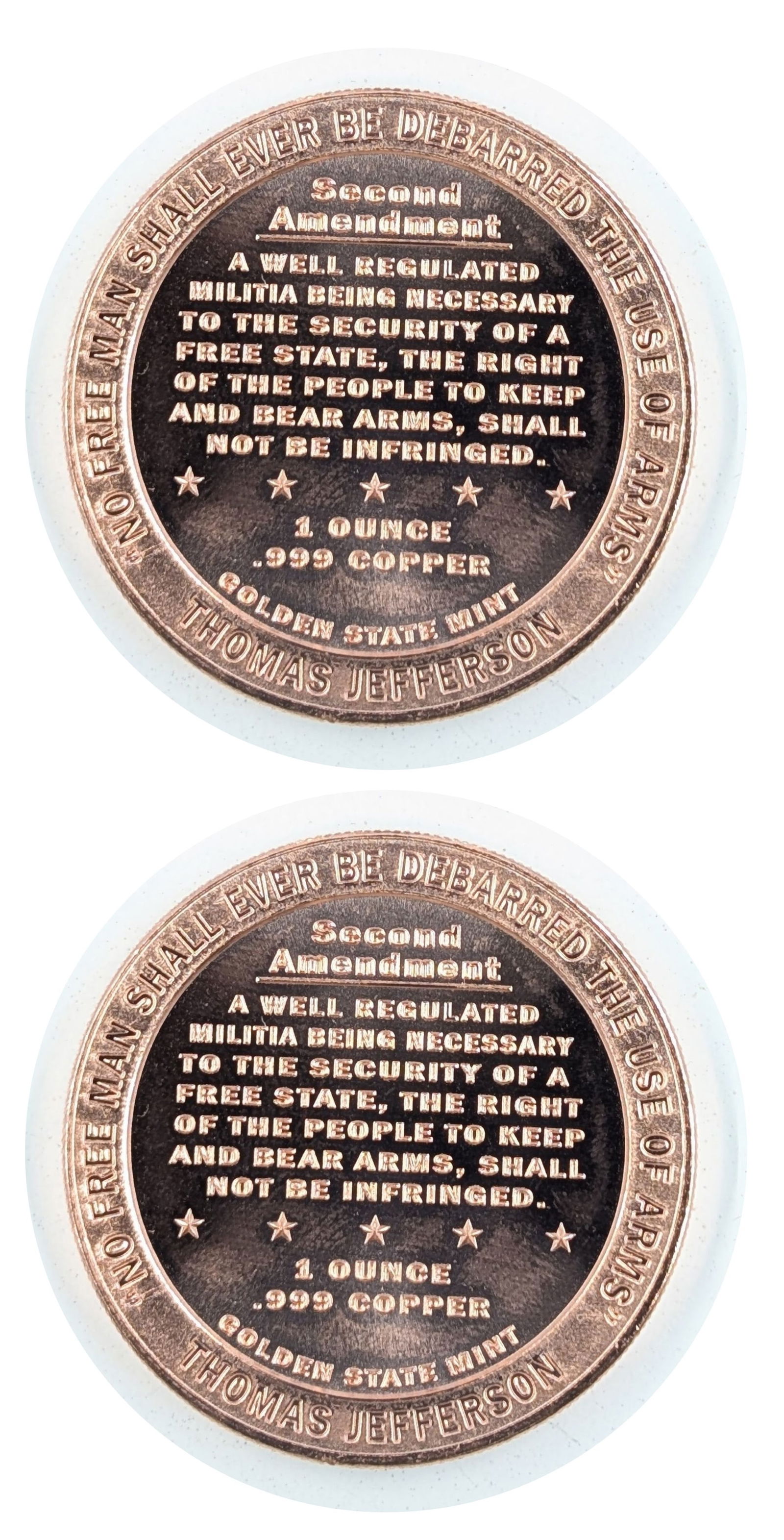 Lot of 2 - 1 Ounce (each) Fine .999 Copper Rounds - 2nd Amendment - 2