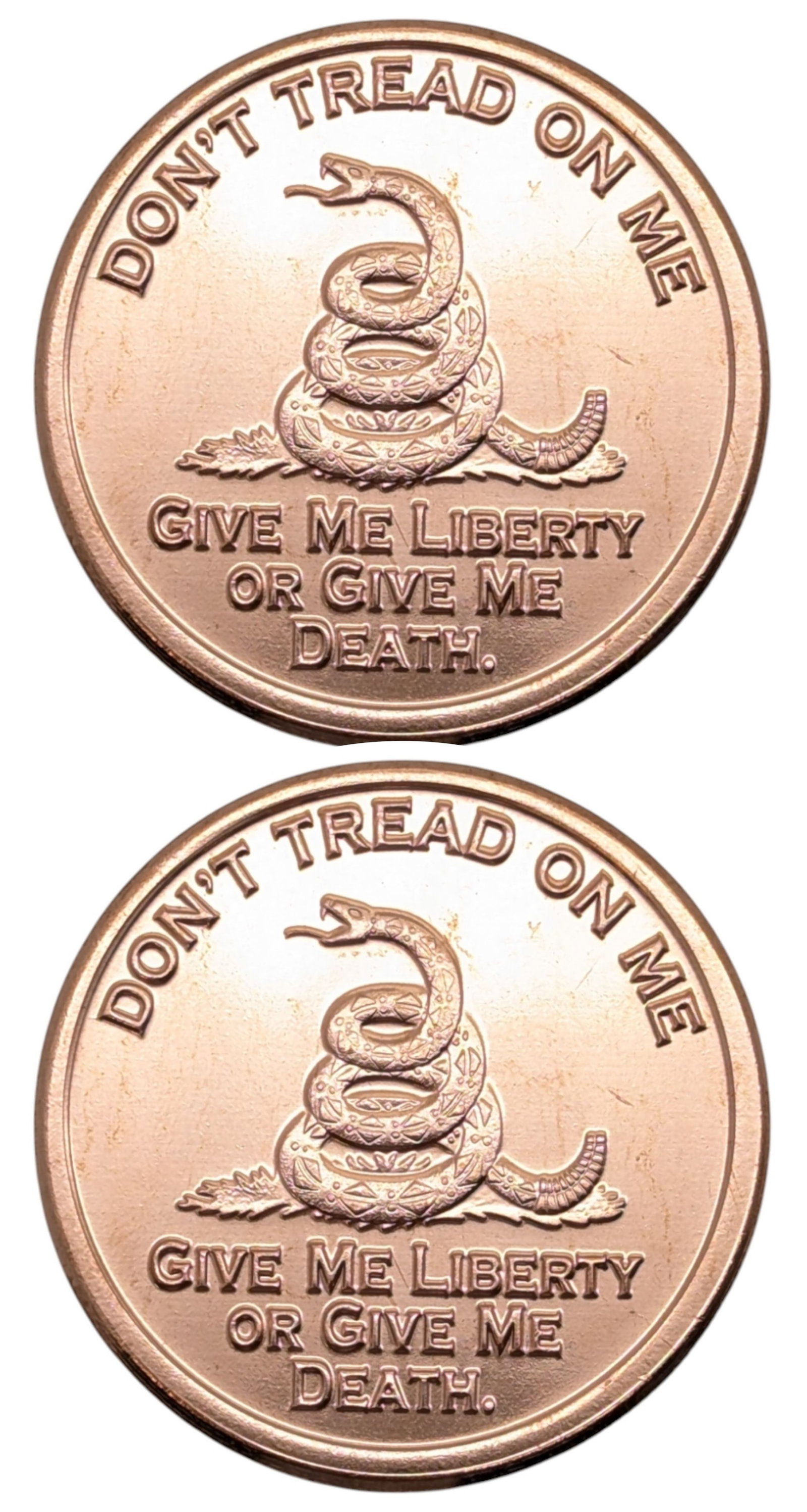Lot of 2 - 1 Ounce (each) Fine .999 Copper Rounds - Don't Tread On Me (1 of 2)