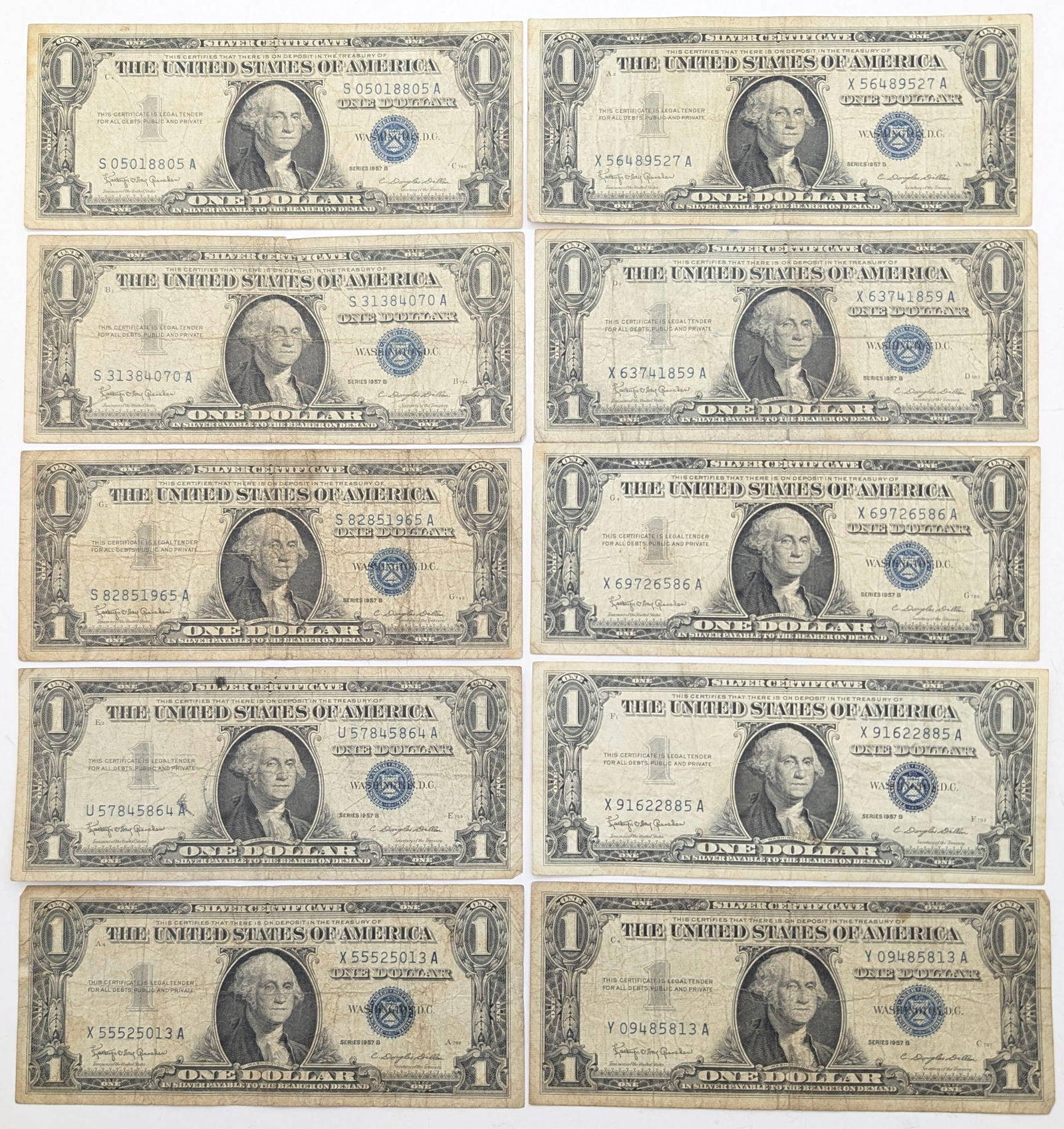 Lot of 10 - 1957 A/B $1 Notes - Silver Certificates (1 of 2)