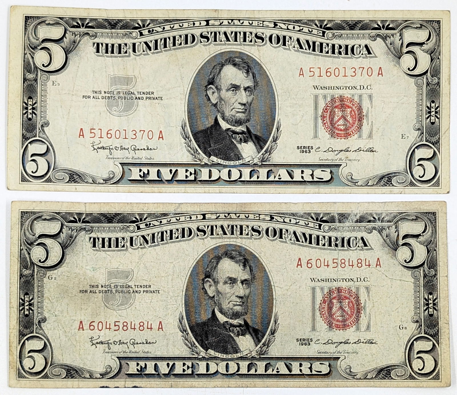 Lot of 2 - 1963 $5 Notes - Red Seals (1 of 2)