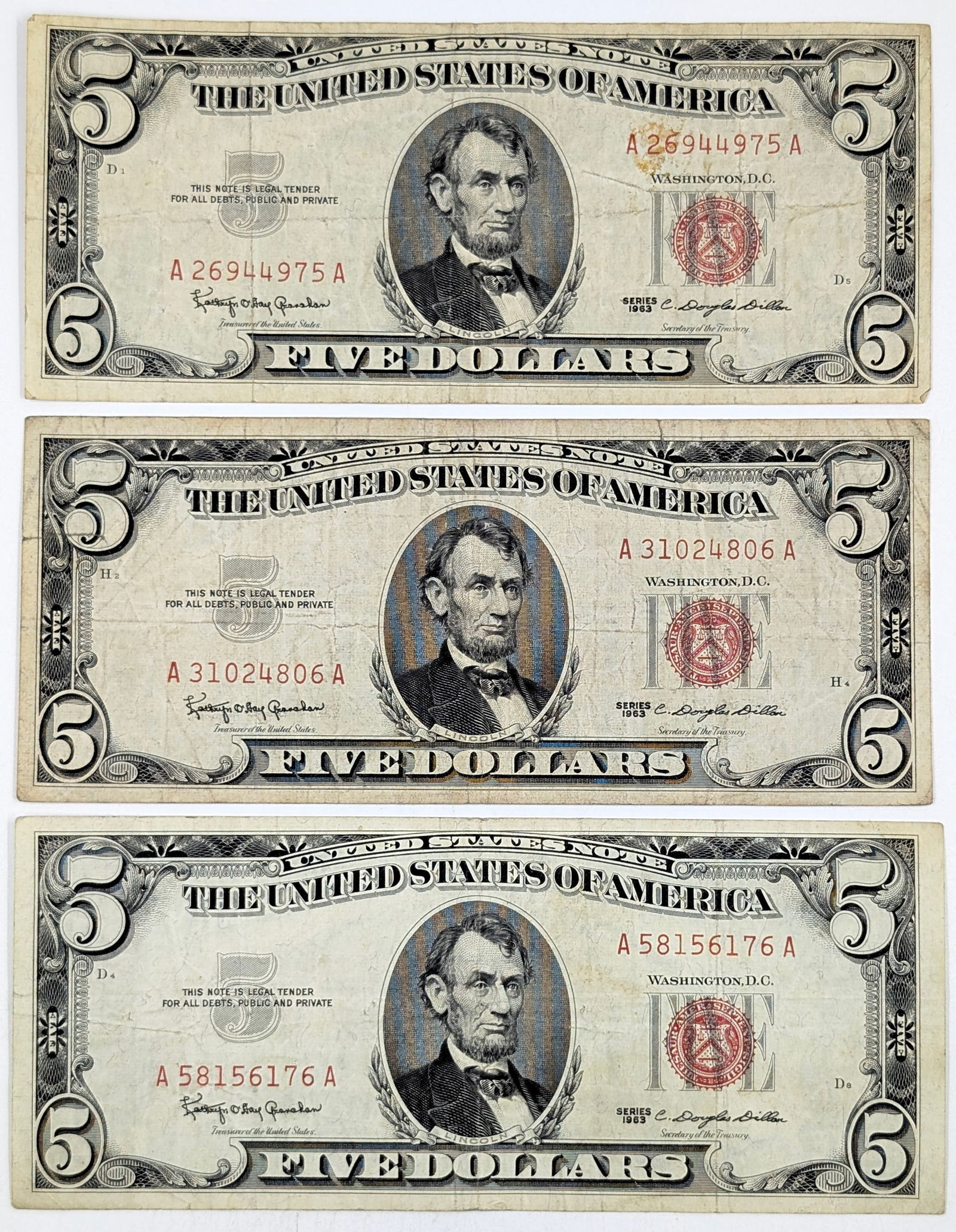 Lot of 3 - 1963 $5 Notes - Red Seals (1 of 2)