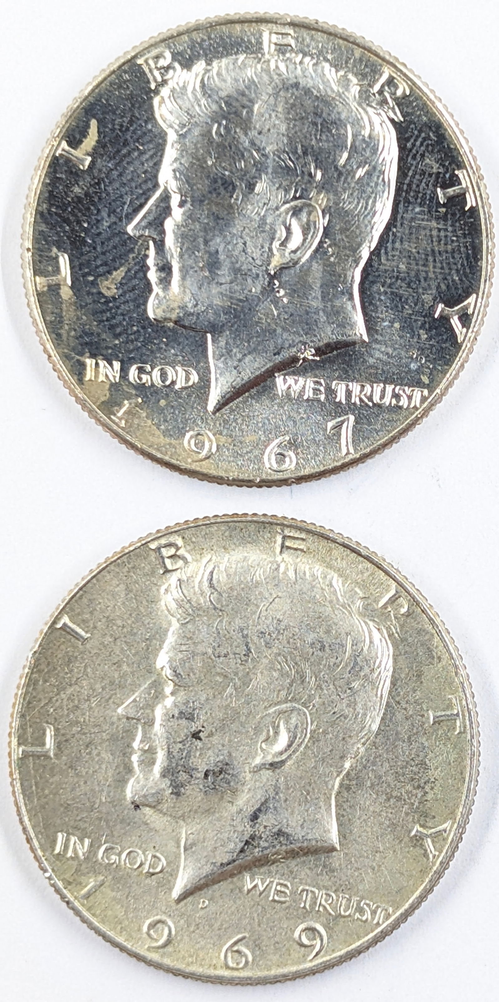 Lot of 2 Silver John F Kennedy Half Dollars - 1967, 1969-D (1 of 2)