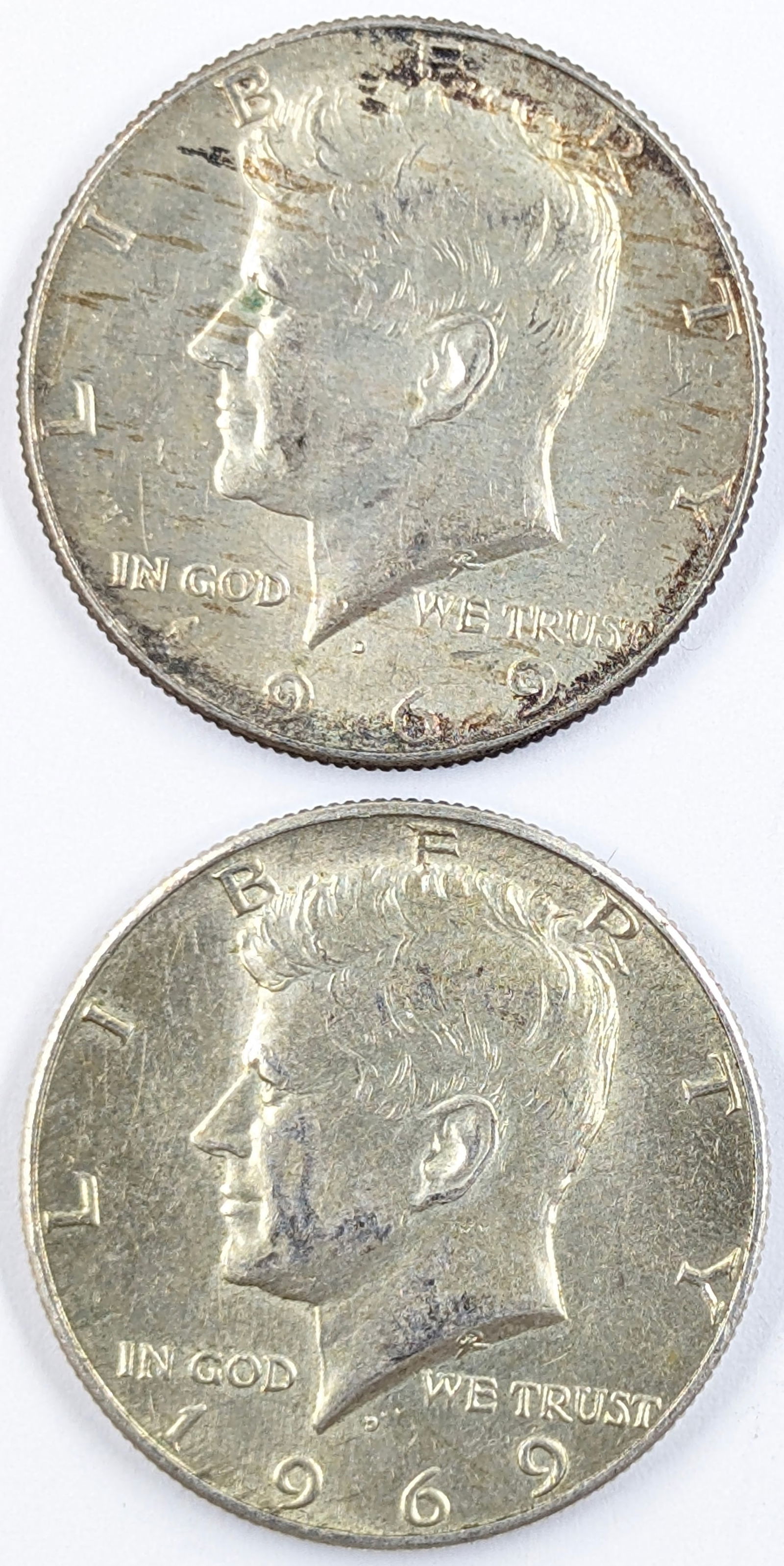Lot of 2 Silver John F Kennedy Half Dollars - Both 1969-D (1 of 2)