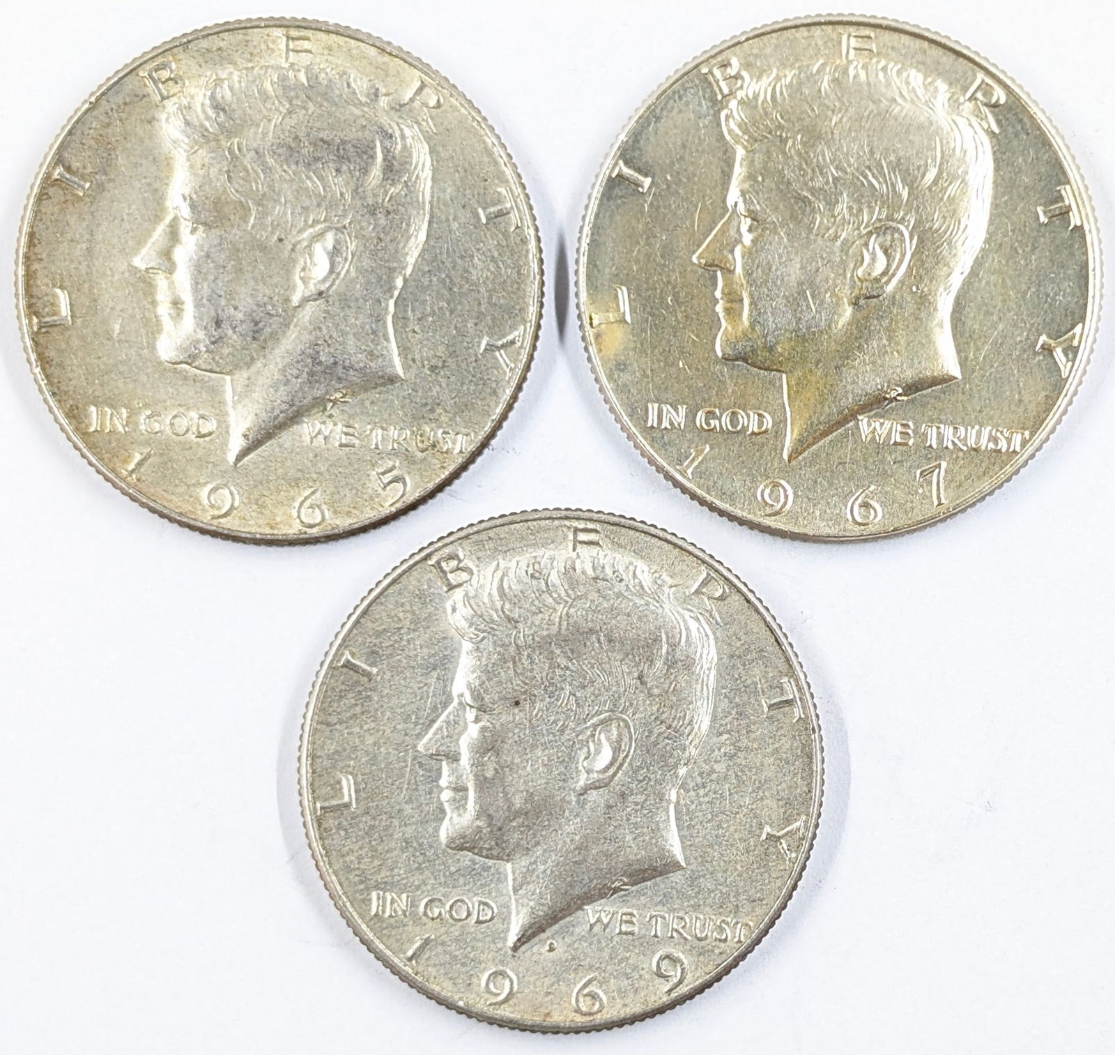 Lot of 3 Silver John F Kennedy Half Dollars - 1965, 1967, 1969-D (1 of 2)