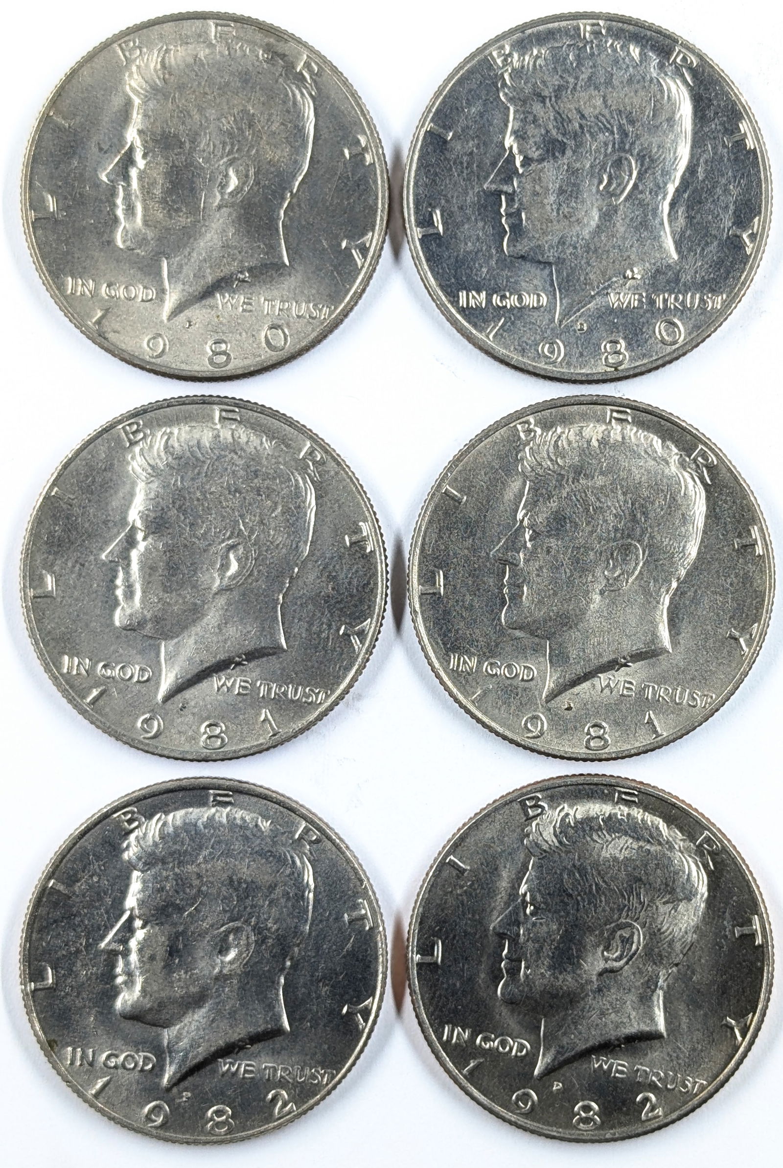 Lot of 6 John F Kennedy Half Dollars - 1980-1982 (1 of 2)