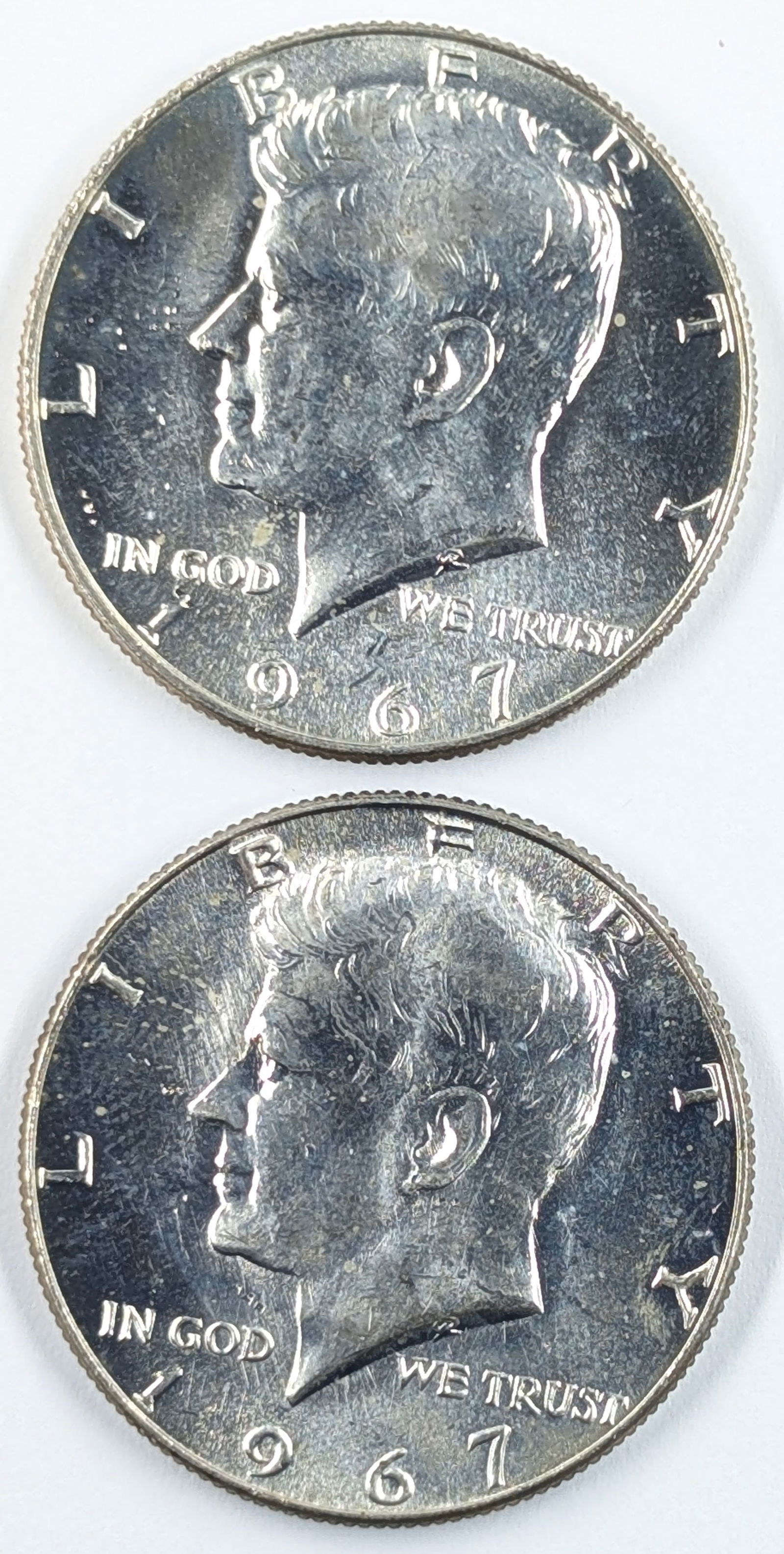 Lot of 2 Silver John F Kennedy Half Dollars - Both 1967 BU (1 of 2)