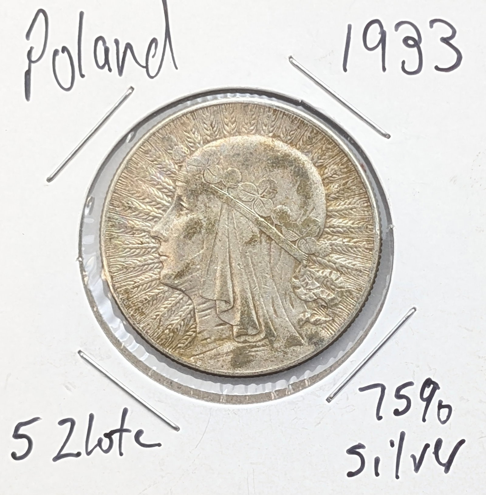 1933 Silver Poland 5 Zlote: 75% Silver 
