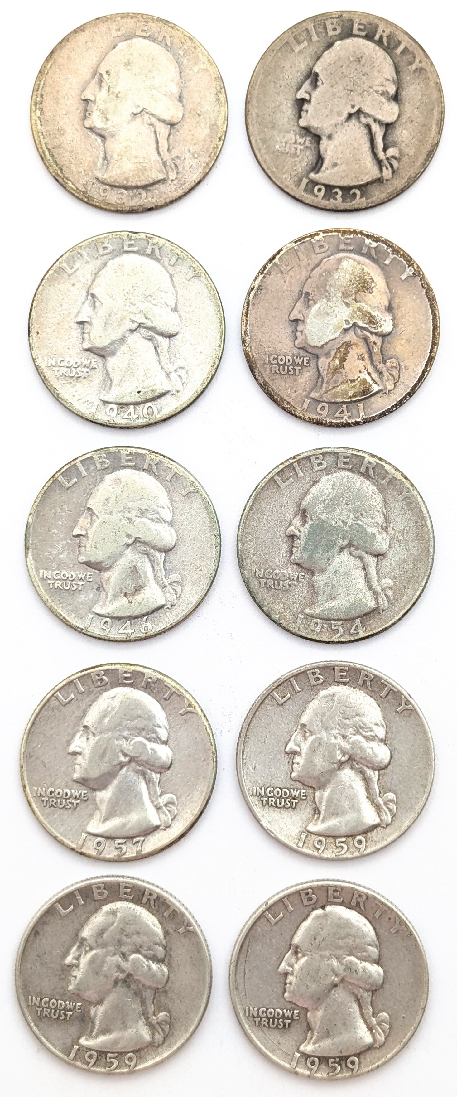 Lot of 10 Silver Washington Quarters - 1932-1959 (1 of 2)