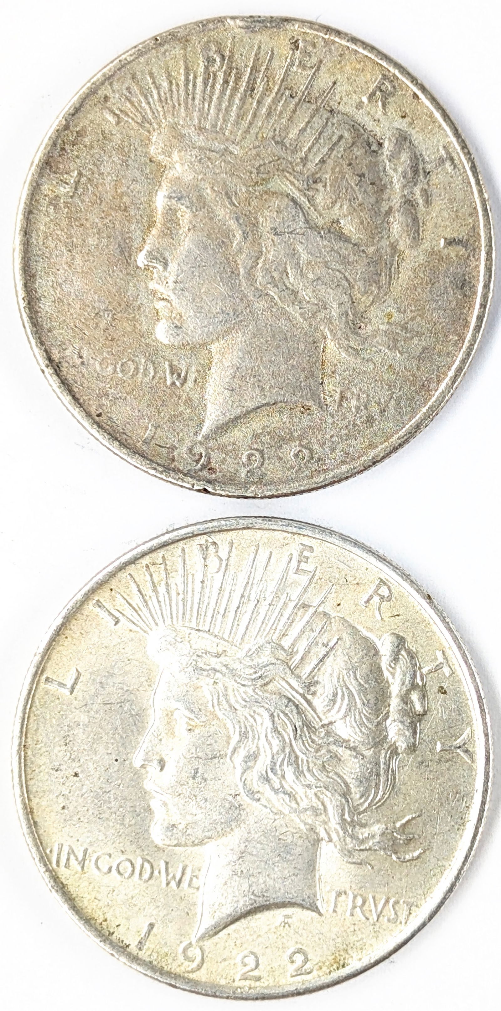 Lot of 2 Silver Peace Dollars - Both 1922 (1 of 2)