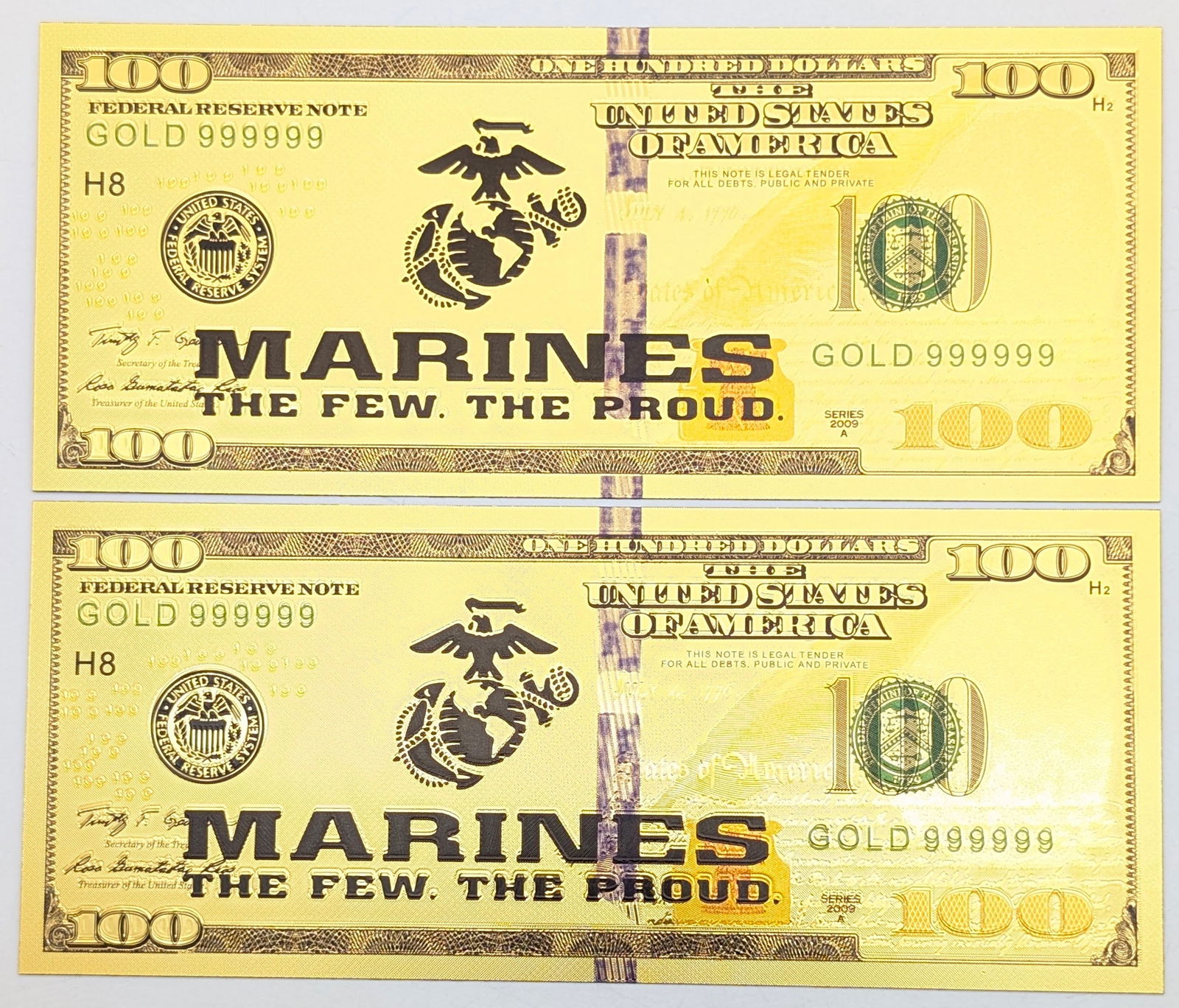 Lot of 2 Marines Gold foil $100 design: Gold foil