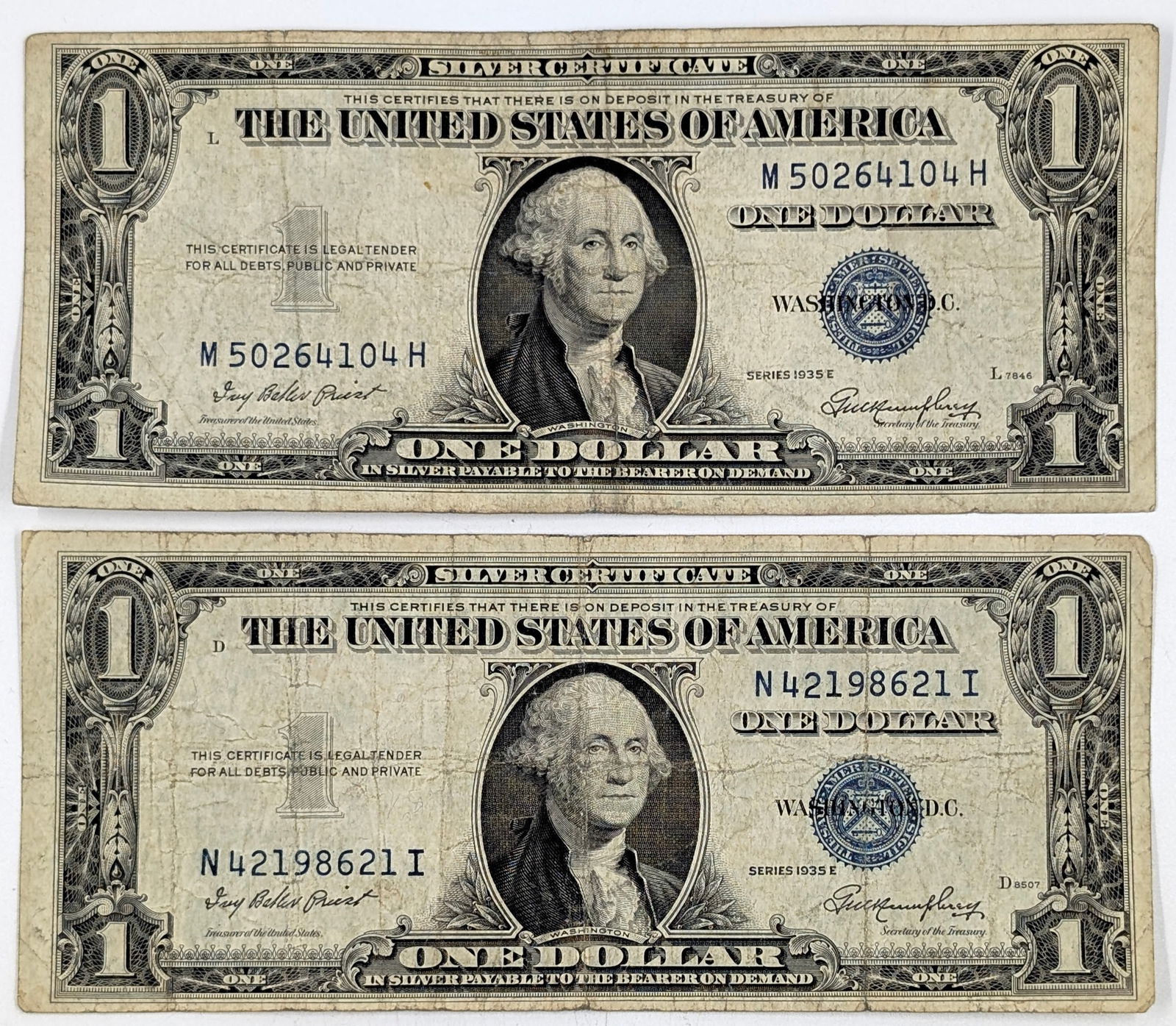 Lot of 2 - 1935-E $1 Notes - Silver Certificates (1 of 2)
