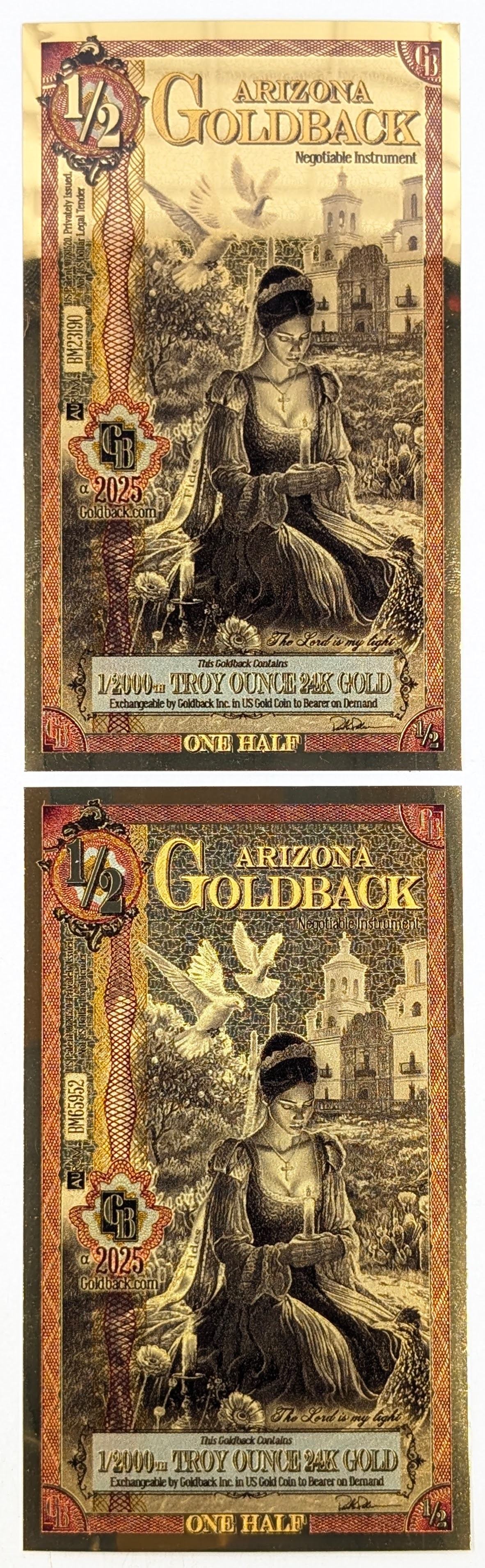 Lot of 2 - 2025 1/2 Arizona Goldbacks 1/2000th Troy Ounce 24K Gold each (1 of 2)