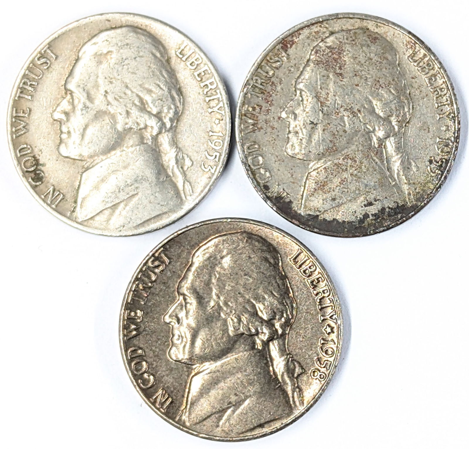 Lot of 3 Jefferson Nickels - 1953-D, 1955-D, 1958 (1 of 2)