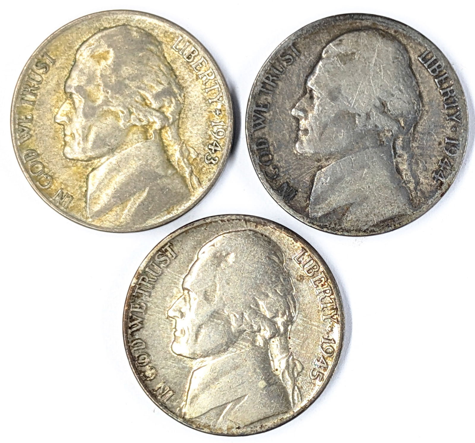 Lot of 3 Silver War Nickels - 1943-P, 1944-D, 1945-D (1 of 2)