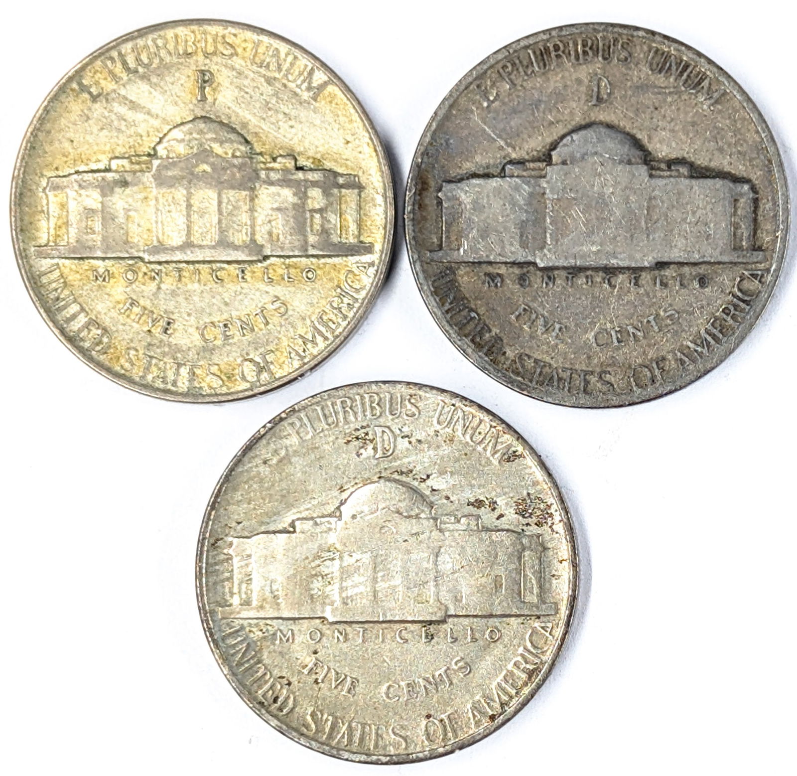 Lot of 3 Silver War Nickels - 1943-P, 1944-D, 1945-D - 2