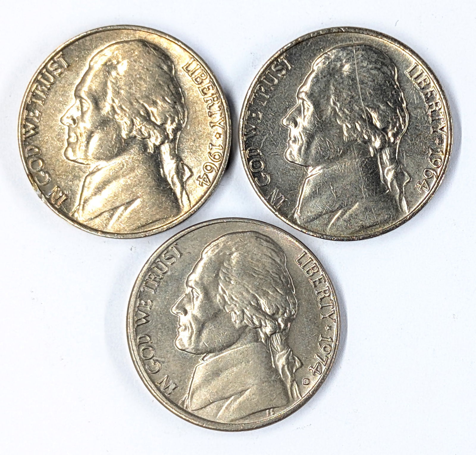 Lot of 3 Jefferson Nickels - 1964(2), 1974-D - BU (1 of 2)