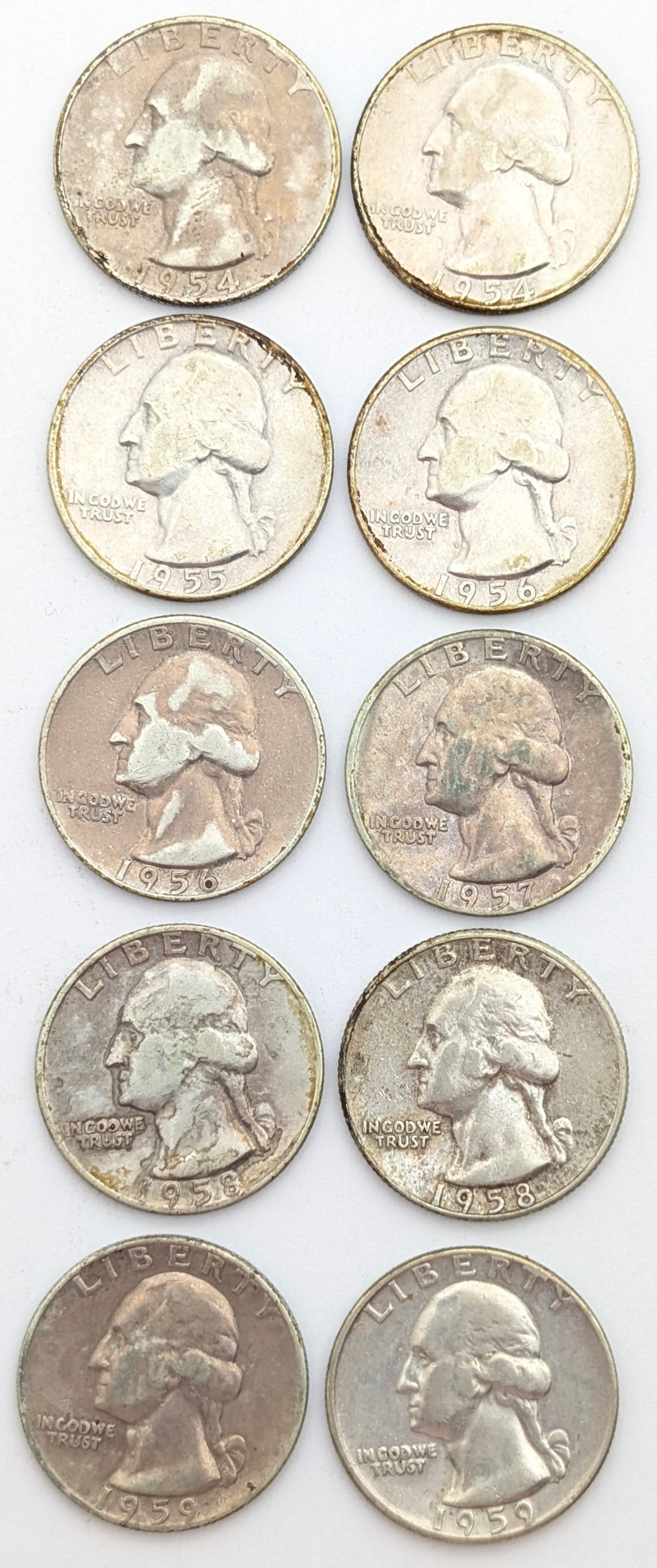 Lot of 10 Silver Washington Quarters - 1954-1959 (1 of 2)