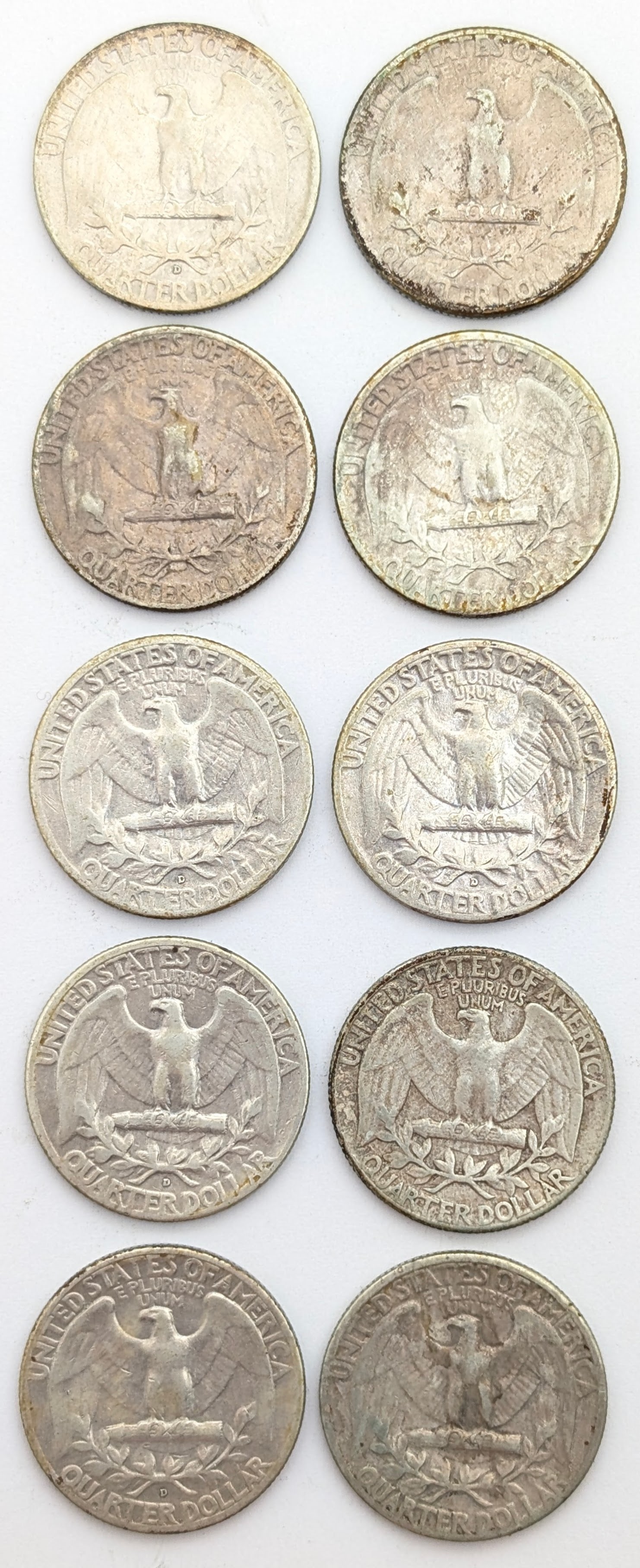 Lot of 10 Silver Washington Quarters - 1954-1959 - 2