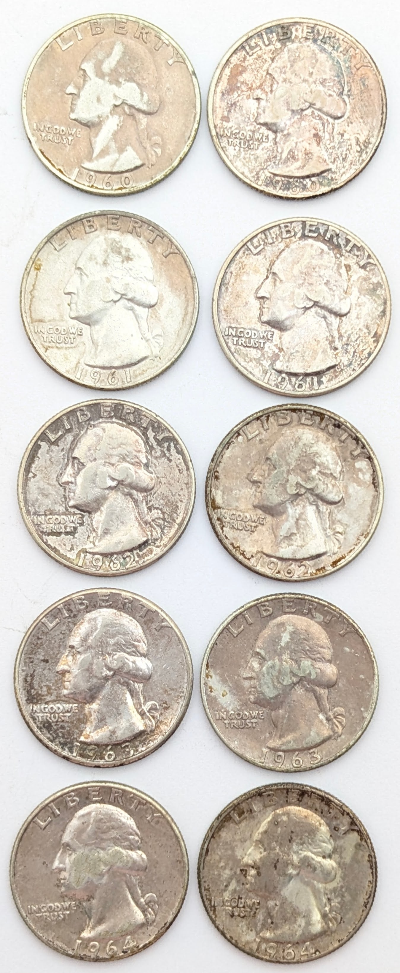 Lot of 10 Silver Washington Quarters - 1960-1964 (1 of 2)