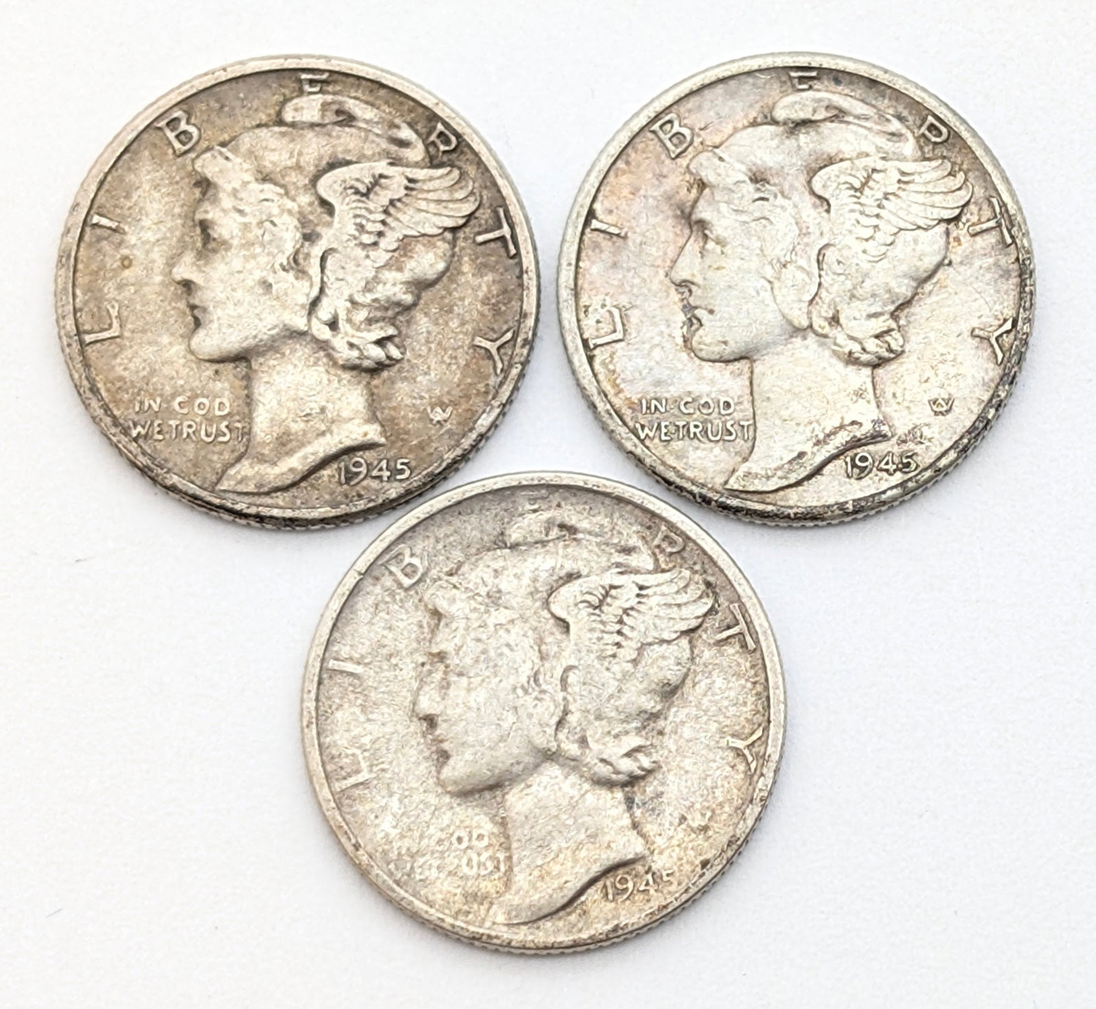 Lot of 3 Silver Mercury Dimes - 1945 P/D/S Toned (1 of 2)