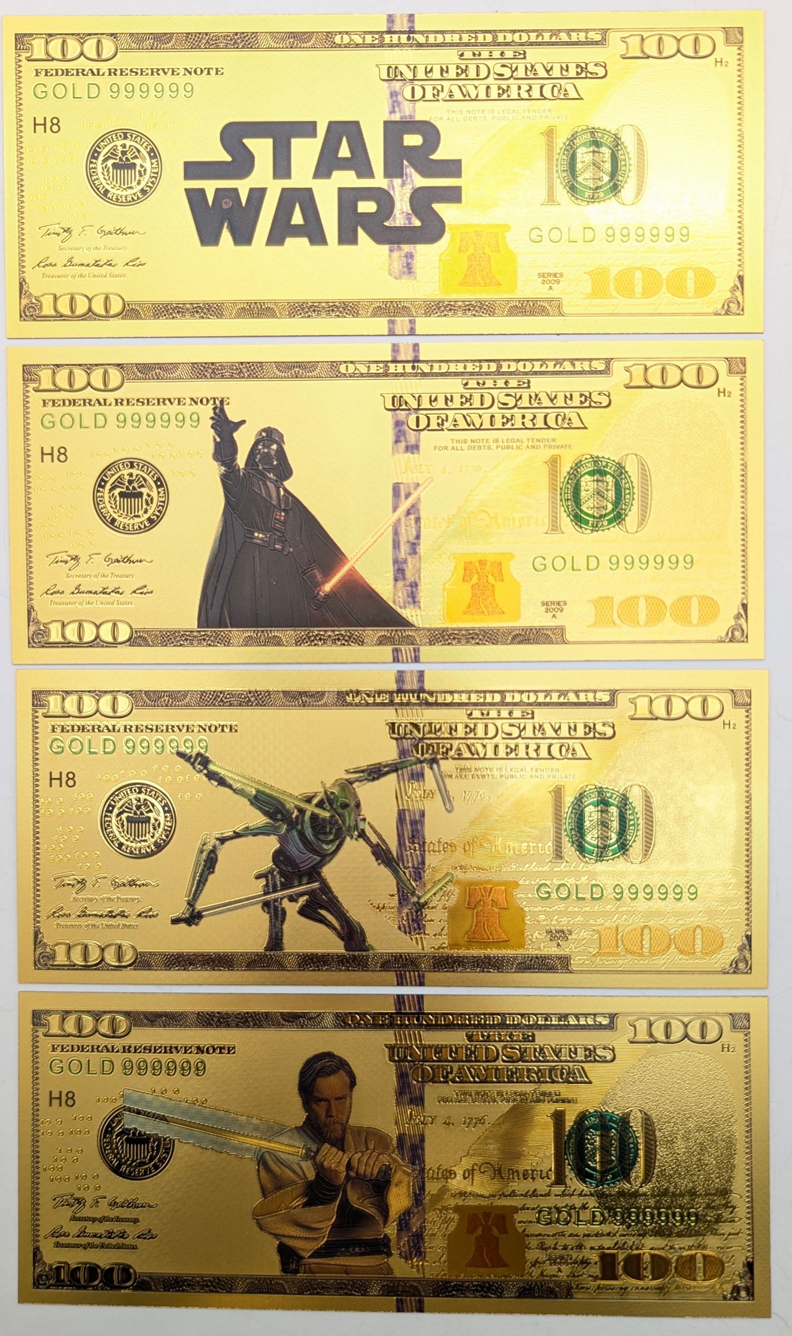 Lot of 4 Star Wars Gold foil $100 design (1 of 2)