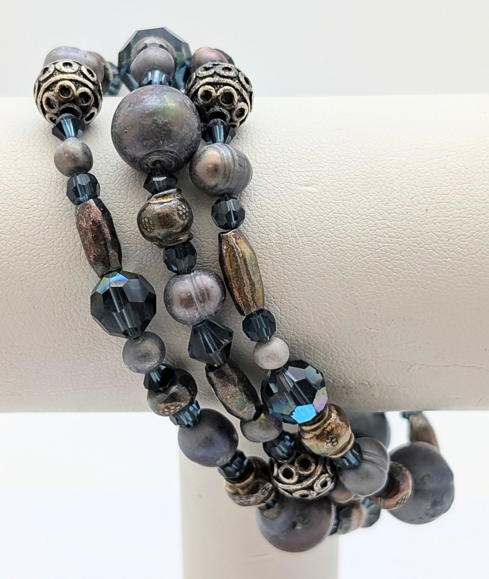 Blue and Silver 3-Strand Beaded Bracelet w/ Sterling Silver Clasp (1 of 6)
