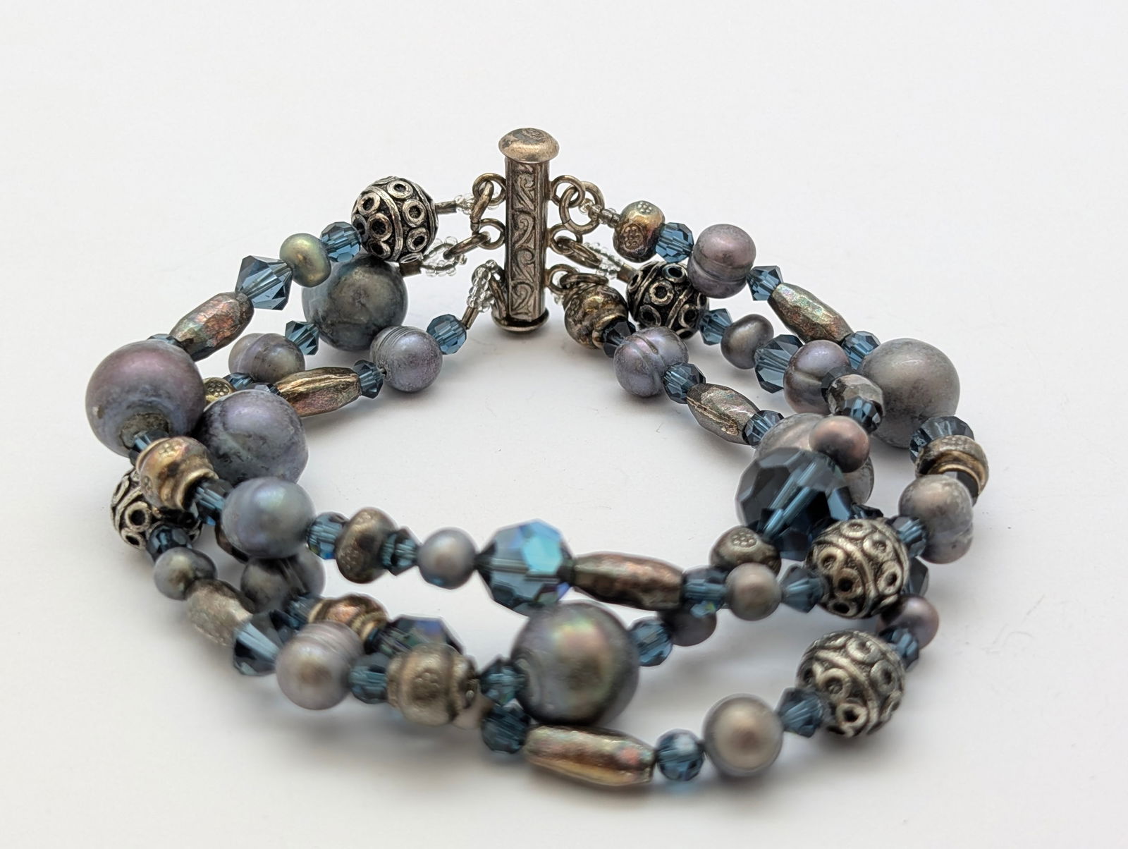 Blue and Silver 3-Strand Beaded Bracelet w/ Sterling Silver Clasp - 2