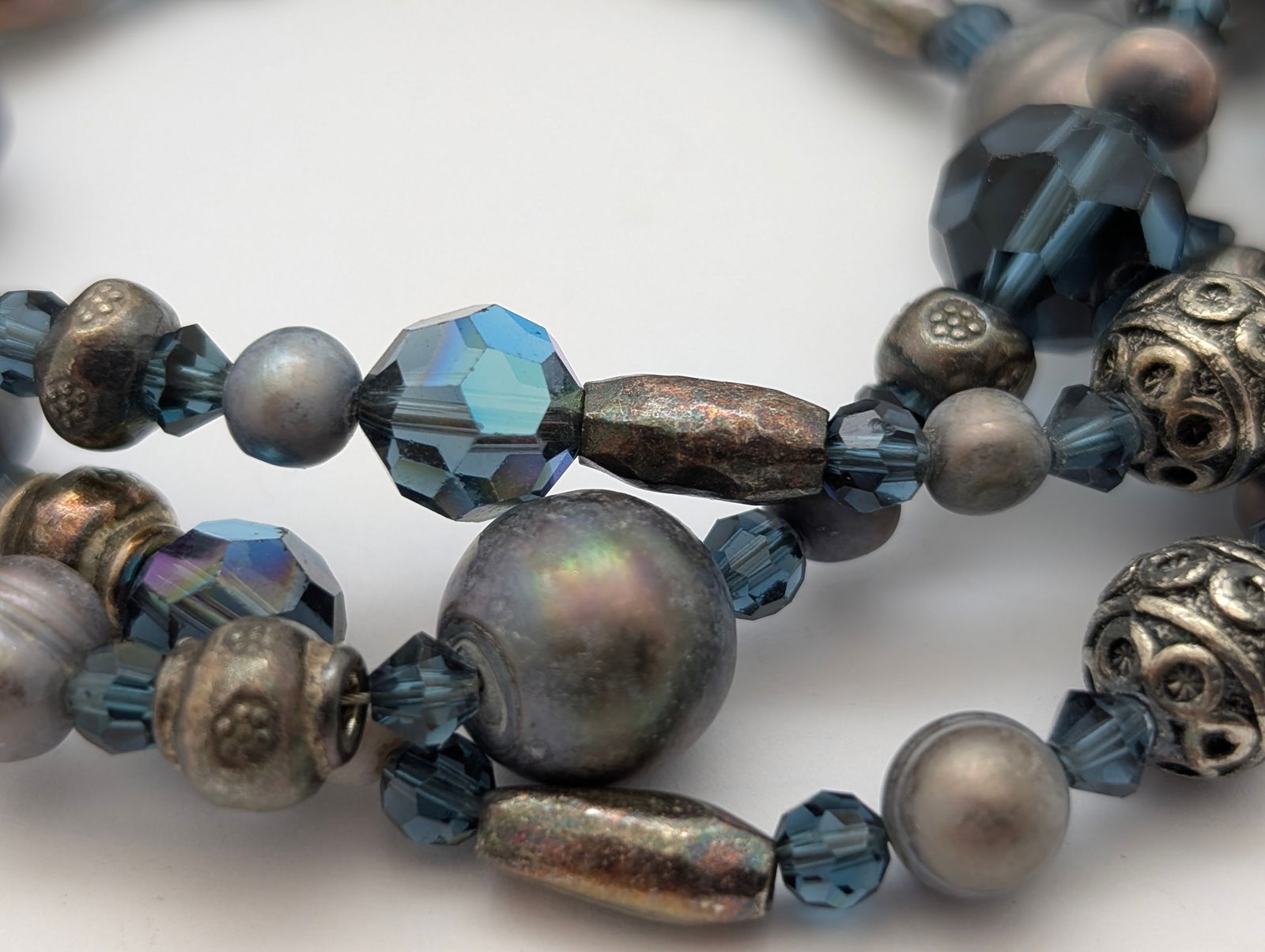 Blue and Silver 3-Strand Beaded Bracelet w/ Sterling Silver Clasp - 3