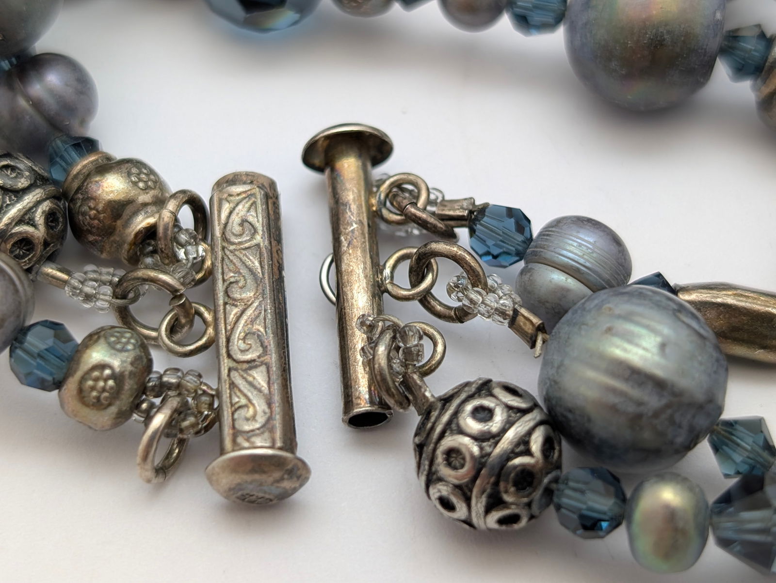 Blue and Silver 3-Strand Beaded Bracelet w/ Sterling Silver Clasp - 4