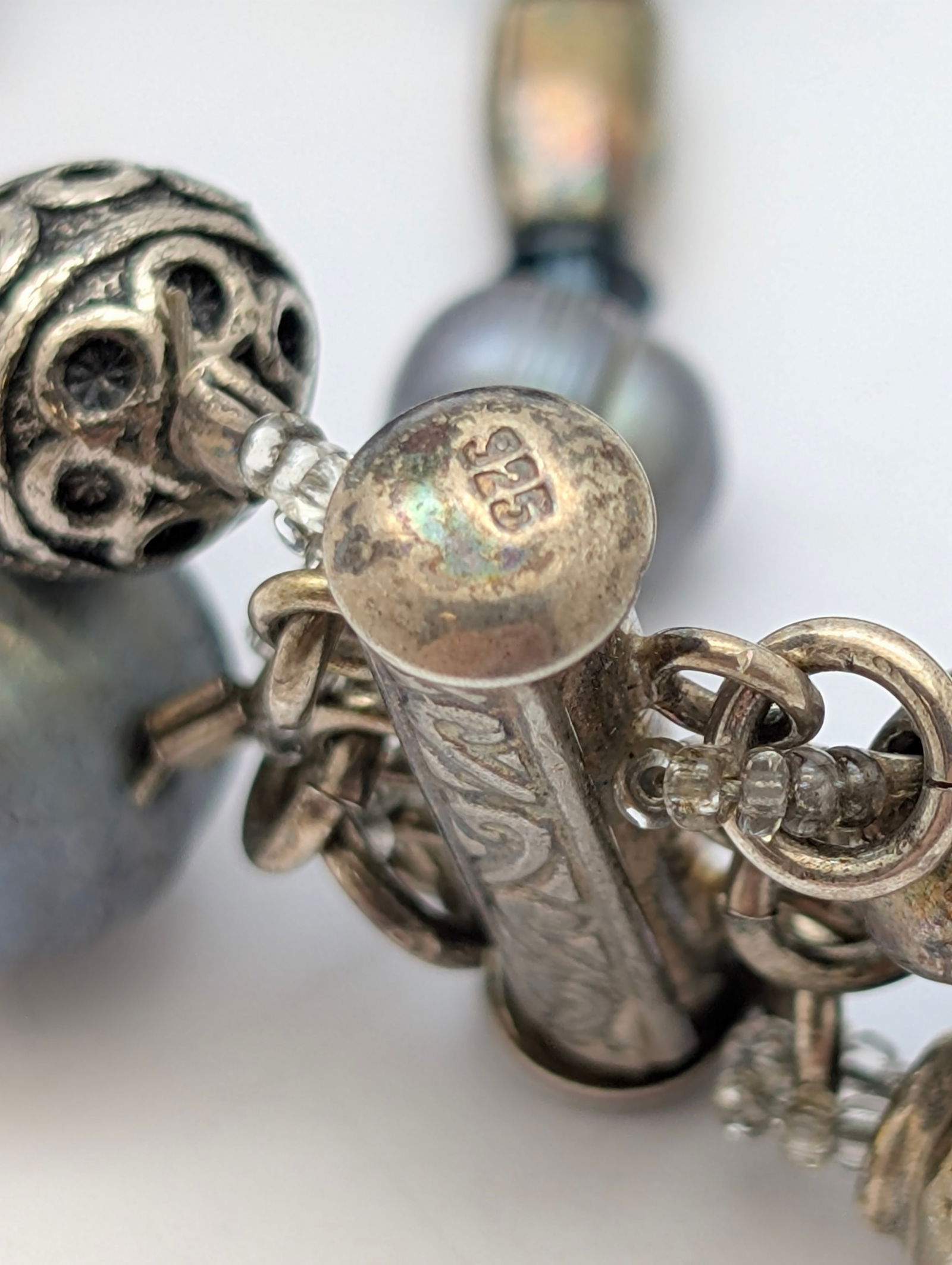 Blue and Silver 3-Strand Beaded Bracelet w/ Sterling Silver Clasp - 5